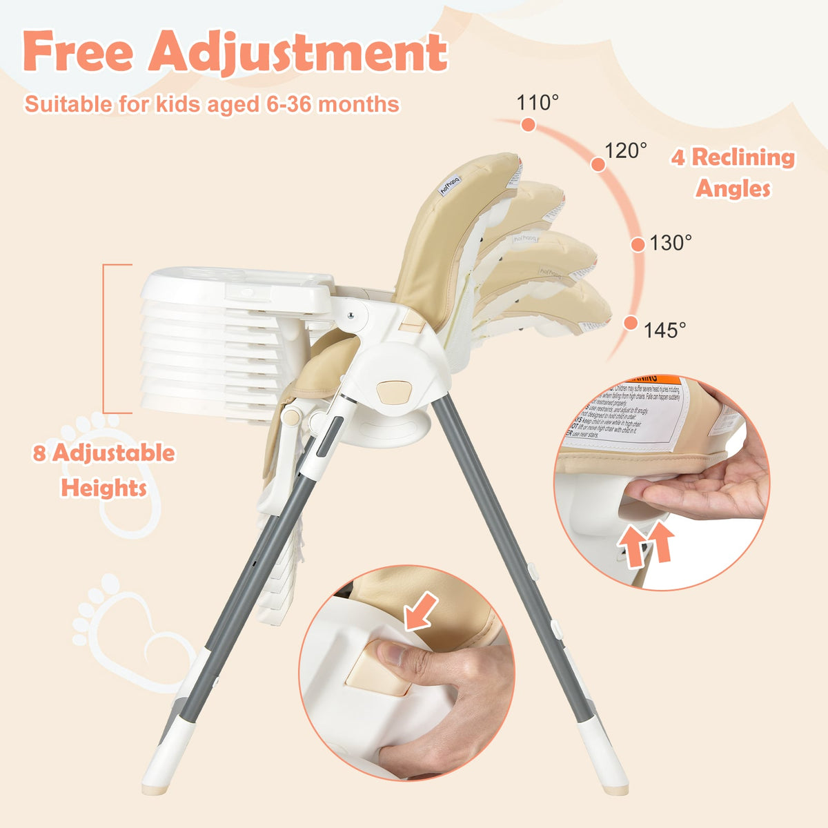 Foldable Baby High Chair with Double Removable Trays and Book Holder-Beige-High Chairs-DECOROLALA