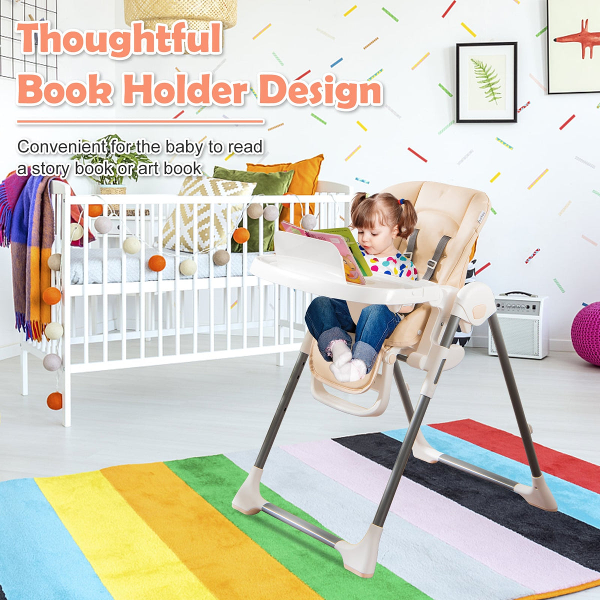 Foldable Baby High Chair with Double Removable Trays and Book Holder-Beige-High Chairs-DECOROLALA