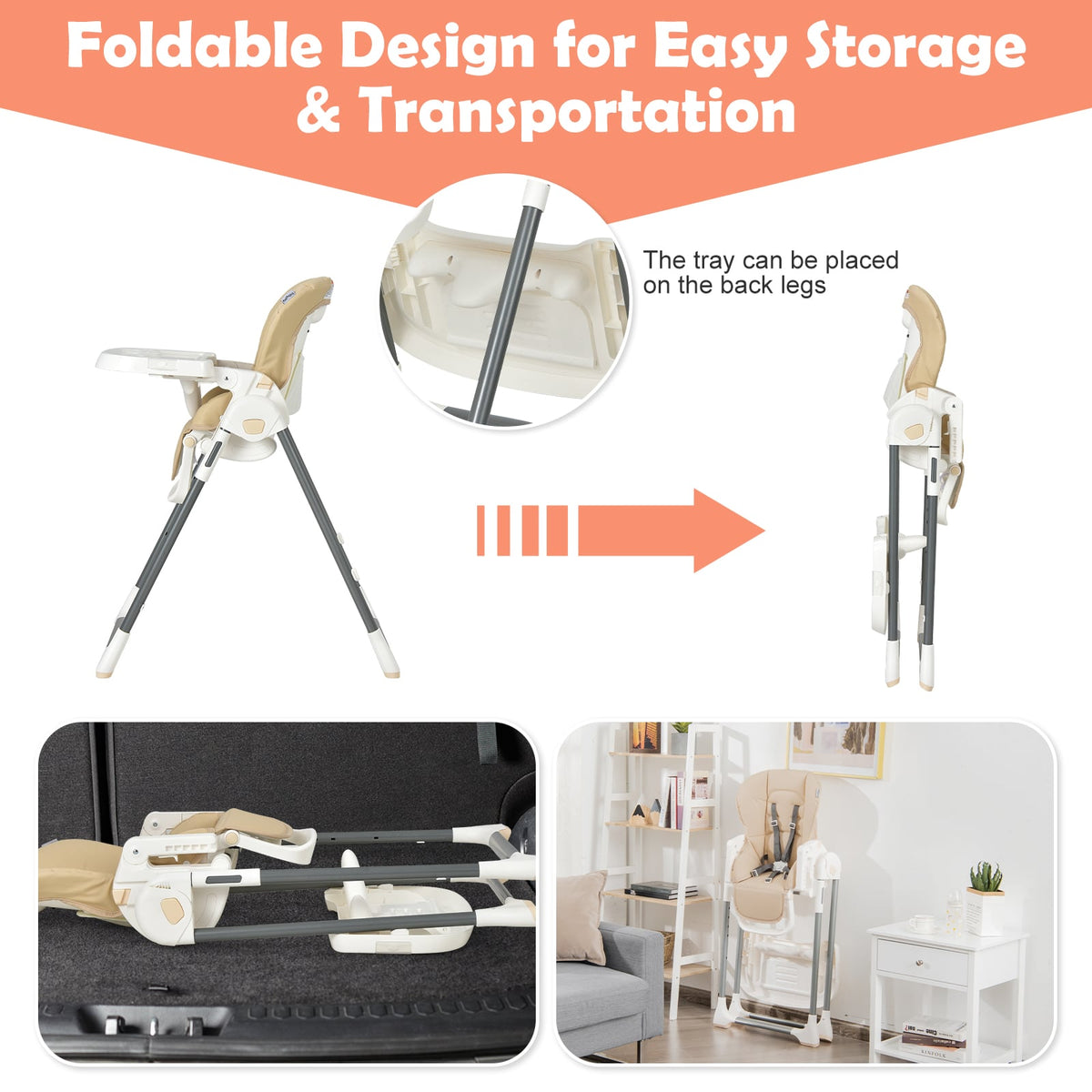 Foldable Baby High Chair with Double Removable Trays and Book Holder-Beige-High Chairs-DECOROLALA