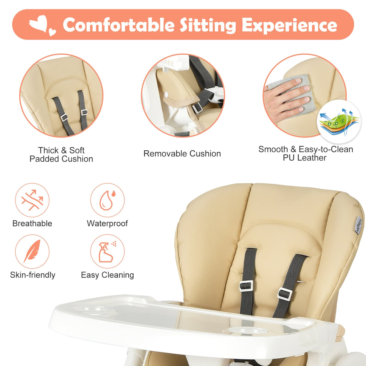 Foldable Baby High Chair with Double Removable Trays and Book Holder-Beige-High Chairs-DECOROLALA