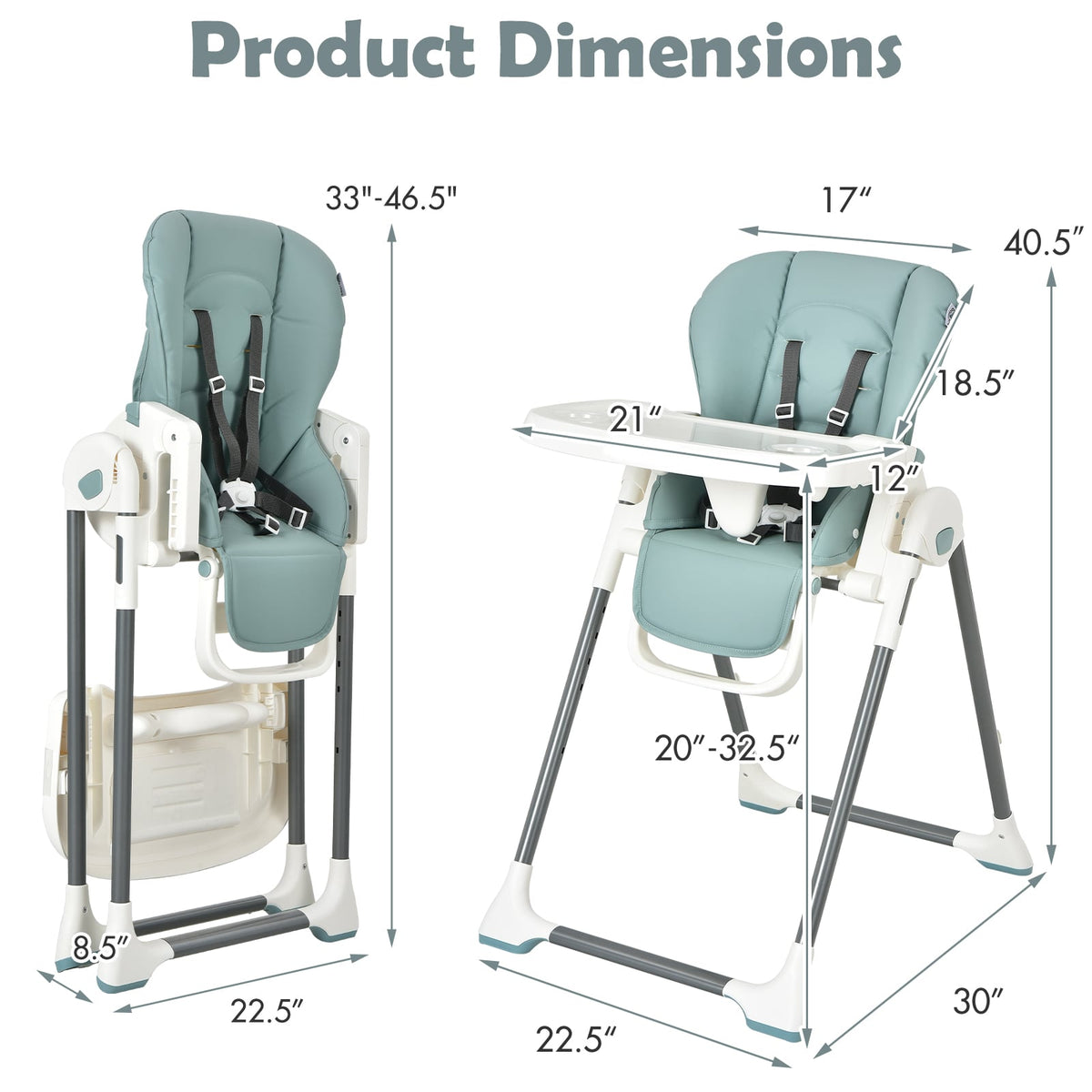 Foldable Baby High Chair with Double Removable Trays and Book Holder-Green-High Chairs-DECOROLALA