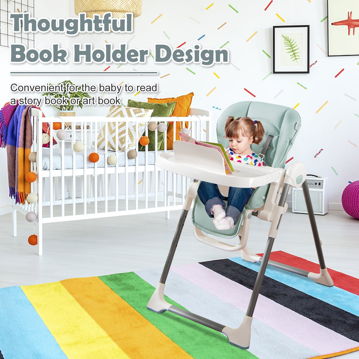 Foldable Baby High Chair with Double Removable Trays and Book Holder-Green-High Chairs-DECOROLALA