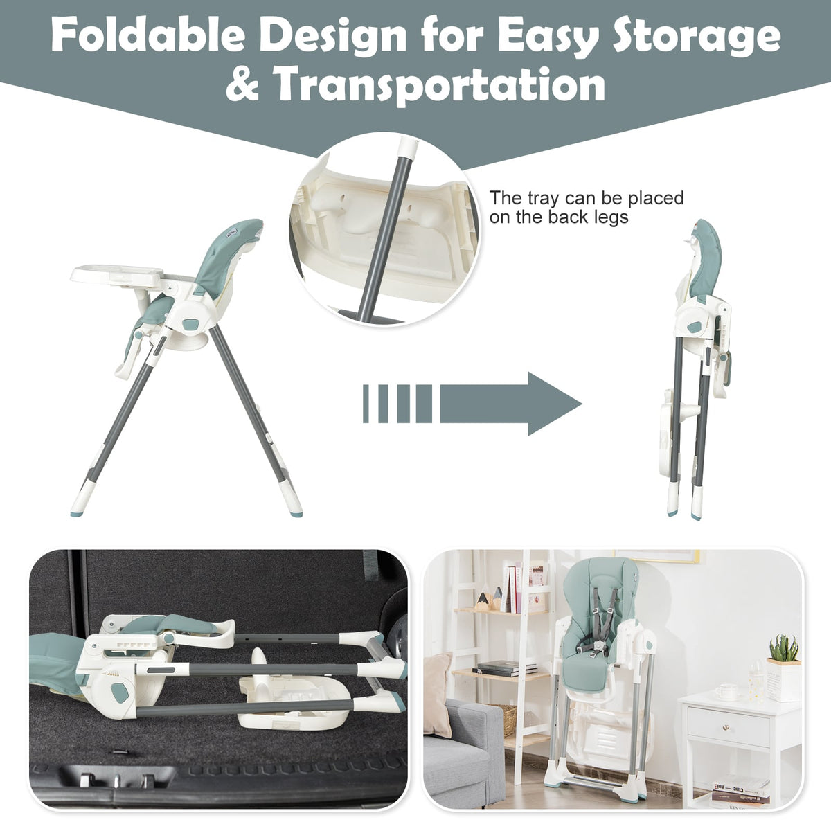 Foldable Baby High Chair with Double Removable Trays and Book Holder-Green-High Chairs-DECOROLALA
