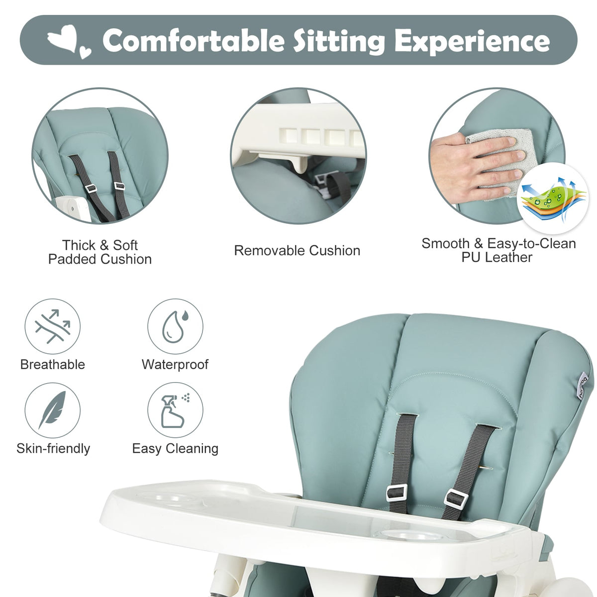 Foldable Baby High Chair with Double Removable Trays and Book Holder-Green-High Chairs-DECOROLALA