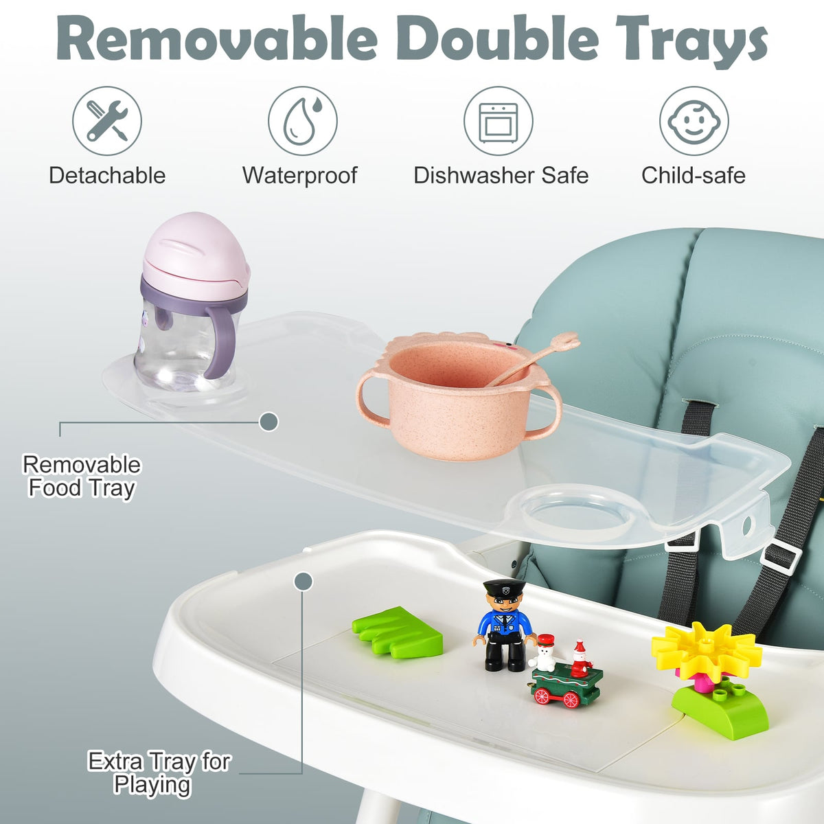 Foldable Baby High Chair with Double Removable Trays and Book Holder-Green-High Chairs-DECOROLALA