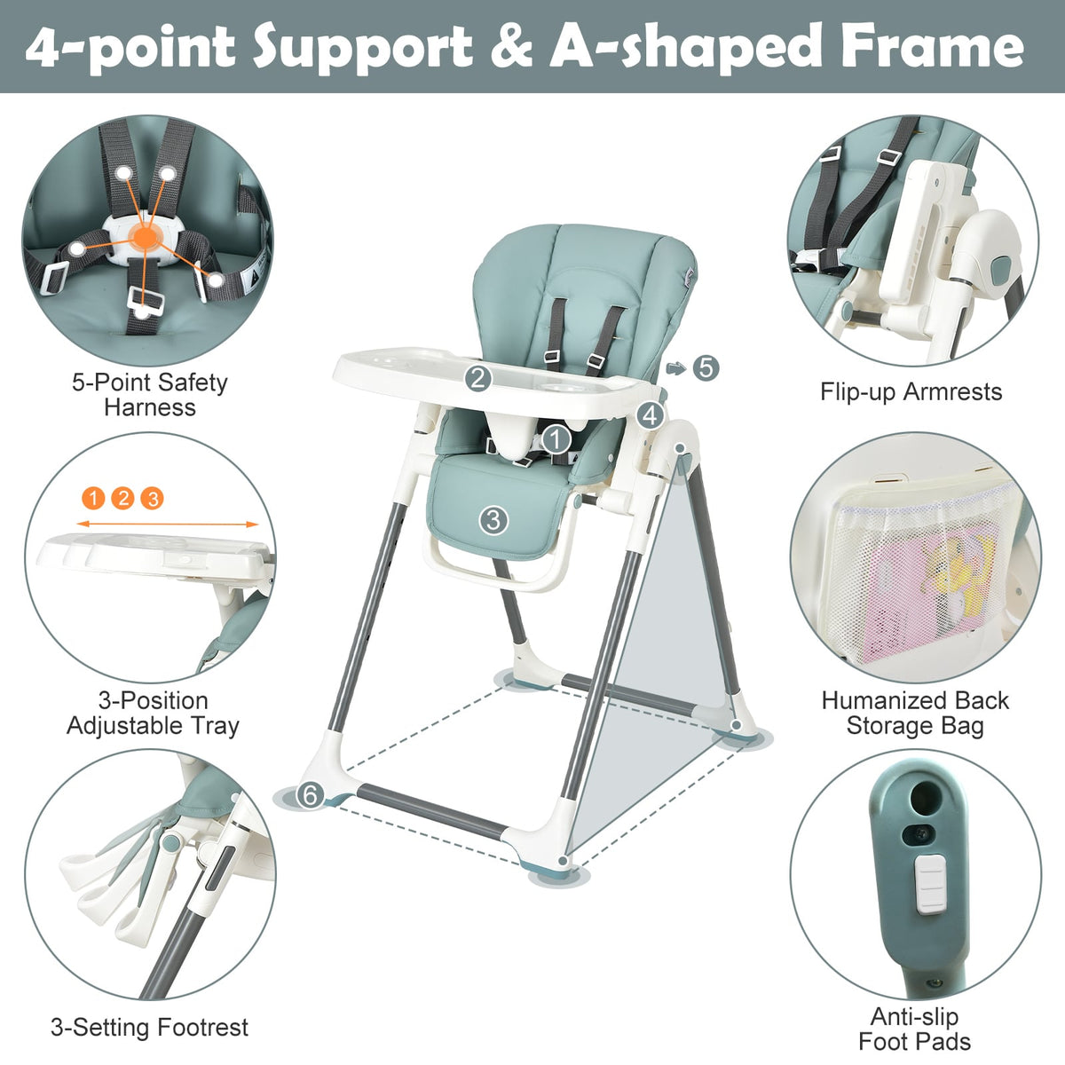 Foldable Baby High Chair with Double Removable Trays and Book Holder-Green-High Chairs-DECOROLALA