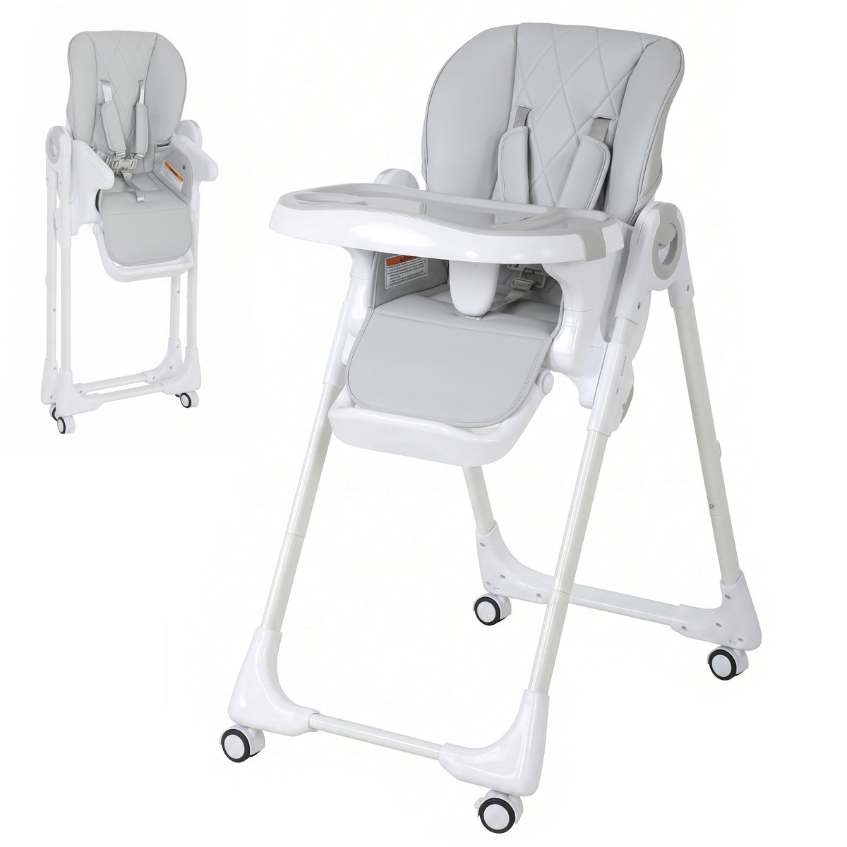 High Chair with Wheels, Double Tray, Foldable Baby Seat with Adjustable Seat Height, Backrest, Footrest and Tray, Grey-Toys & Games > Toddler & Kids Furniture > Kids Chairs & Seating-DECOROLALA