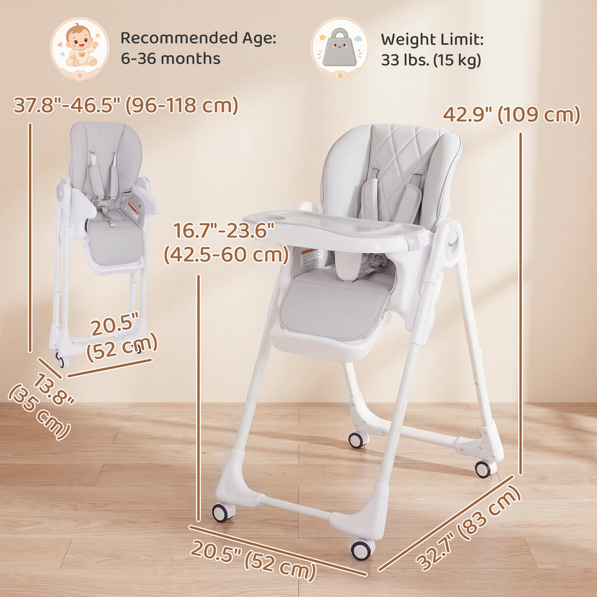 High Chair with Wheels, Double Tray, Foldable Baby Seat with Adjustable Seat Height, Backrest, Footrest and Tray, Grey-Toys & Games > Toddler & Kids Furniture > Kids Chairs & Seating-DECOROLALA