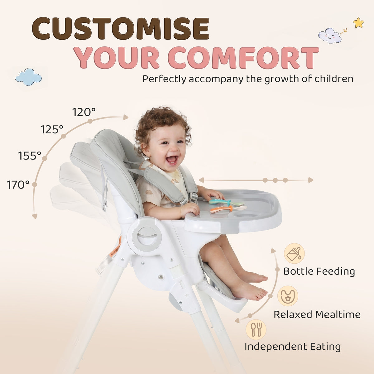 High Chair with Wheels, Double Tray, Foldable Baby Seat with Adjustable Seat Height, Backrest, Footrest and Tray, Grey-Toys & Games > Toddler & Kids Furniture > Kids Chairs & Seating-DECOROLALA