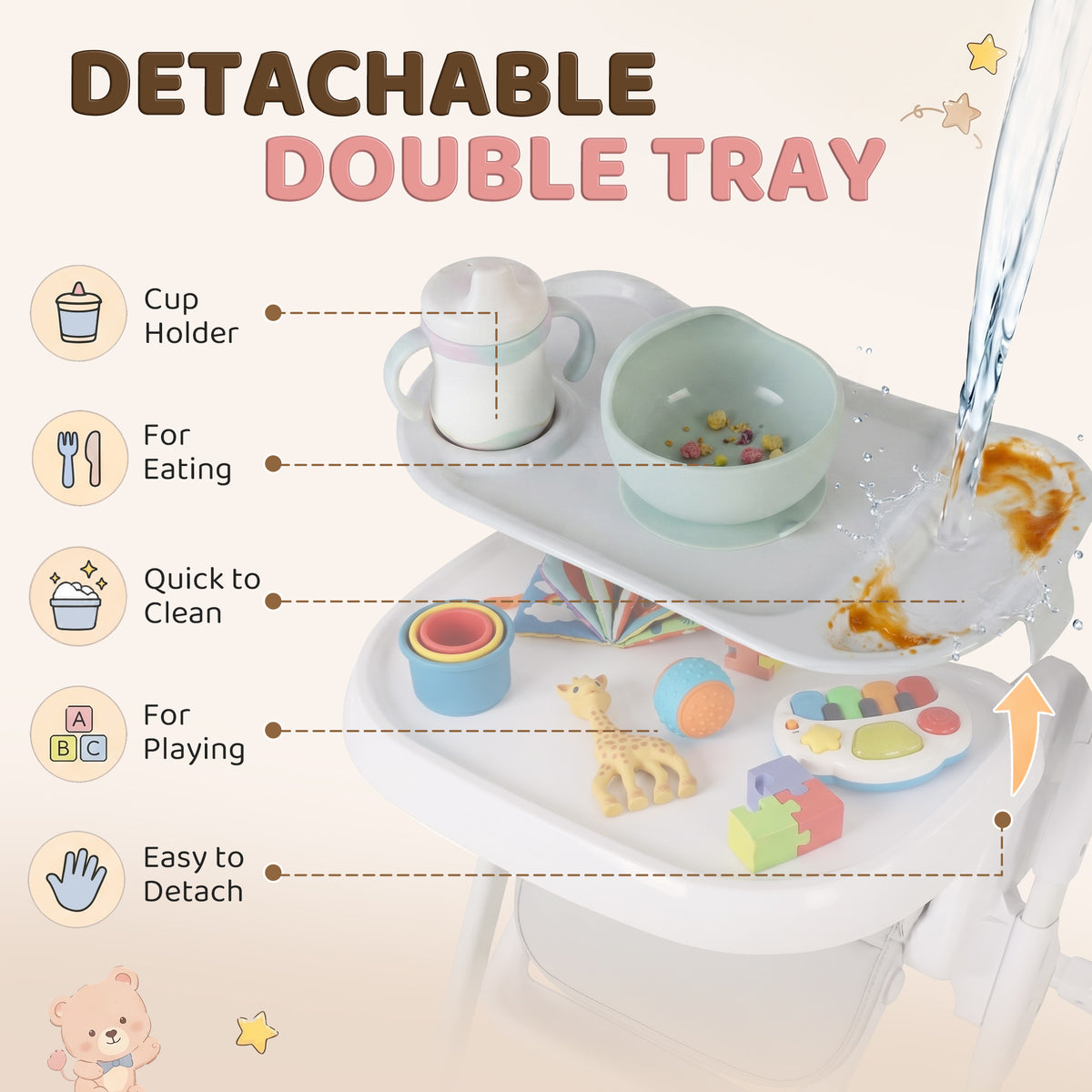 High Chair with Wheels, Double Tray, Foldable Baby Seat with Adjustable Seat Height, Backrest, Footrest and Tray, Grey-Toys & Games > Toddler & Kids Furniture > Kids Chairs & Seating-DECOROLALA