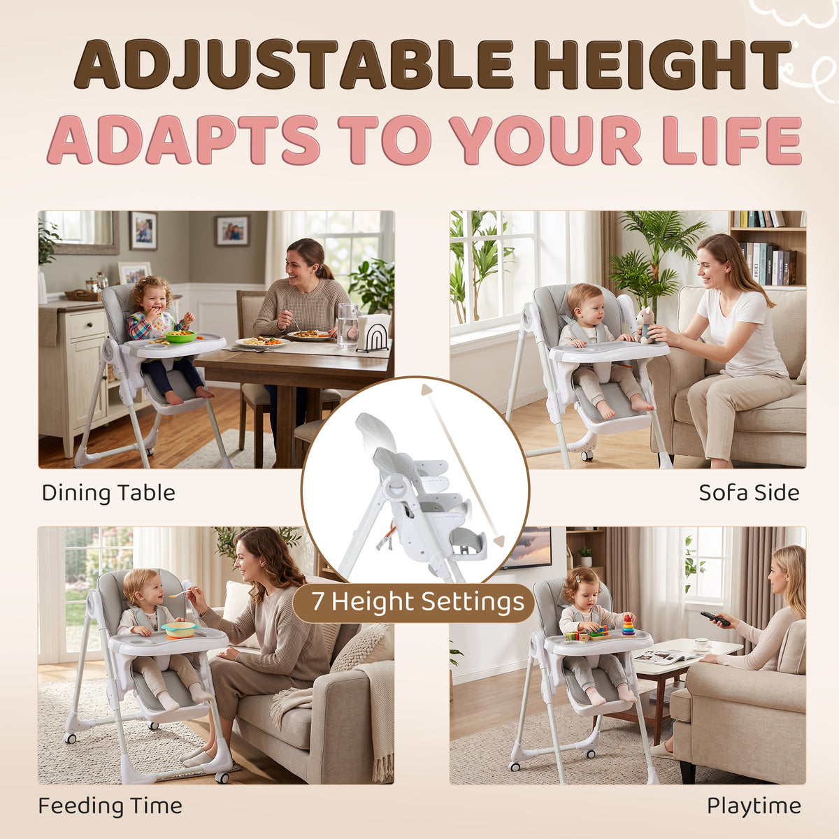 High Chair with Wheels, Double Tray, Foldable Baby Seat with Adjustable Seat Height, Backrest, Footrest and Tray, Grey-Toys & Games > Toddler & Kids Furniture > Kids Chairs & Seating-DECOROLALA