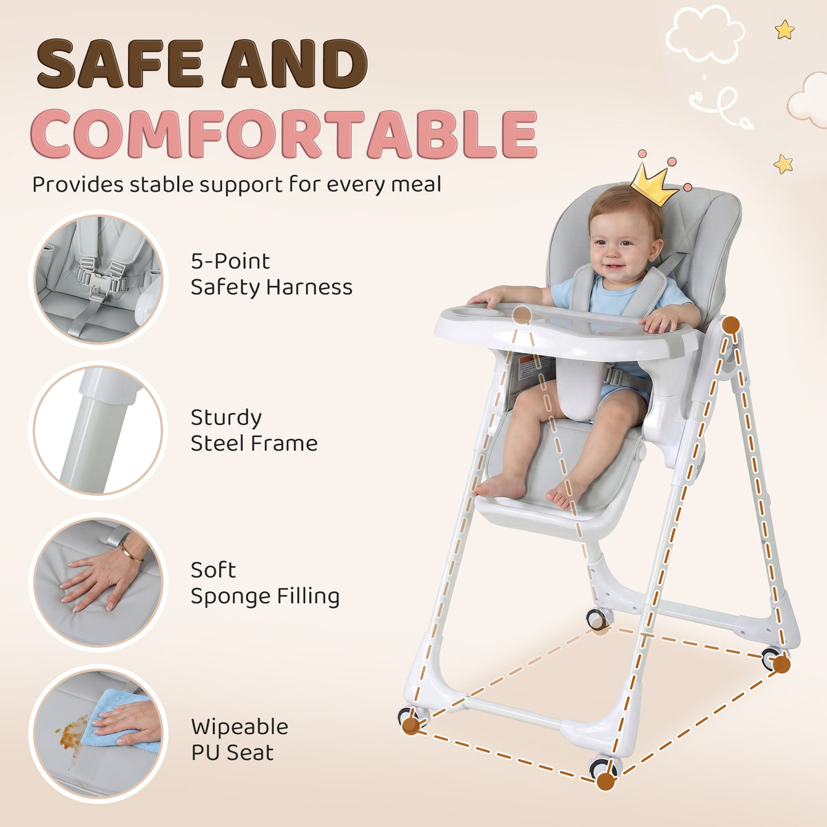 High Chair with Wheels, Double Tray, Foldable Baby Seat with Adjustable Seat Height, Backrest, Footrest and Tray, Grey-Toys & Games > Toddler & Kids Furniture > Kids Chairs & Seating-DECOROLALA
