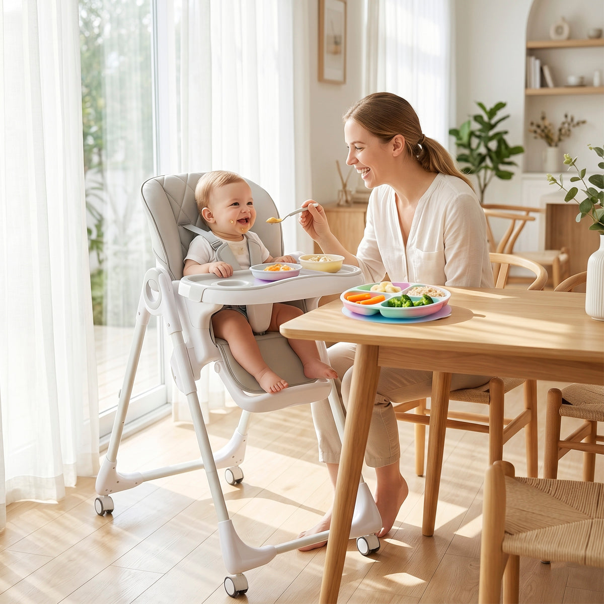 High Chair with Wheels, Double Tray, Foldable Baby Seat with Adjustable Seat Height, Backrest, Footrest and Tray, Grey-Toys & Games > Toddler & Kids Furniture > Kids Chairs & Seating-DECOROLALA