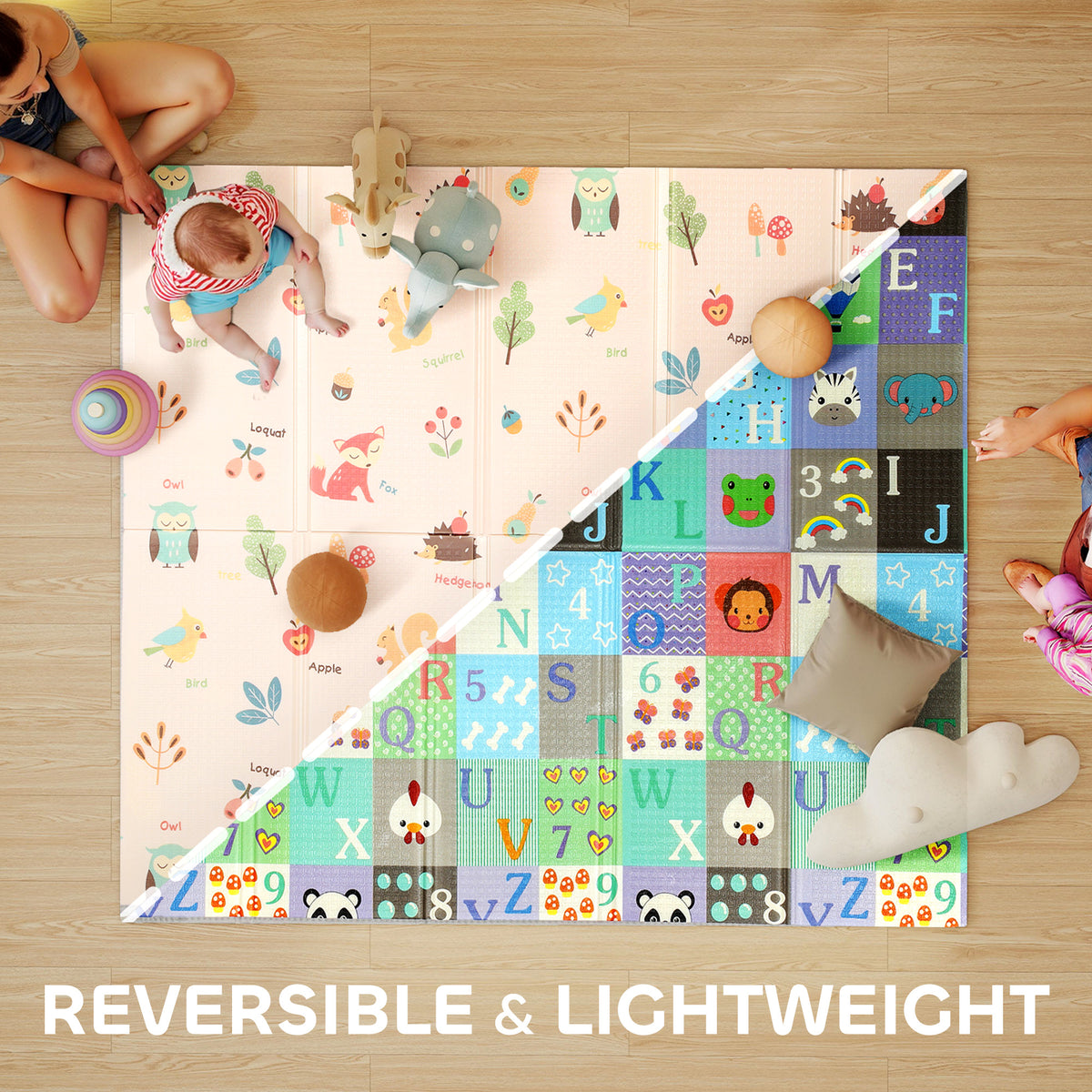 Foldable Baby Plat Mat, 71" x 59" Kids Floor Mat for Crawling and Learning, Number & Animal Theme-Toys & Games > Baby & Toddler Toys > Kids Gym & Playmats-DECOROLALA