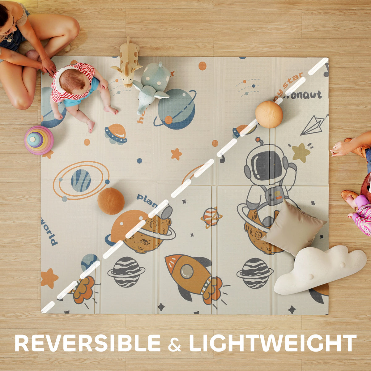 Foldable Baby Plat Mat, 77" x 69" Kids Floor Mat for Crawling and Learning, Astronaut & Planet Theme-Toys & Games > Baby & Toddler Toys > Kids Gym & Playmats-DECOROLALA