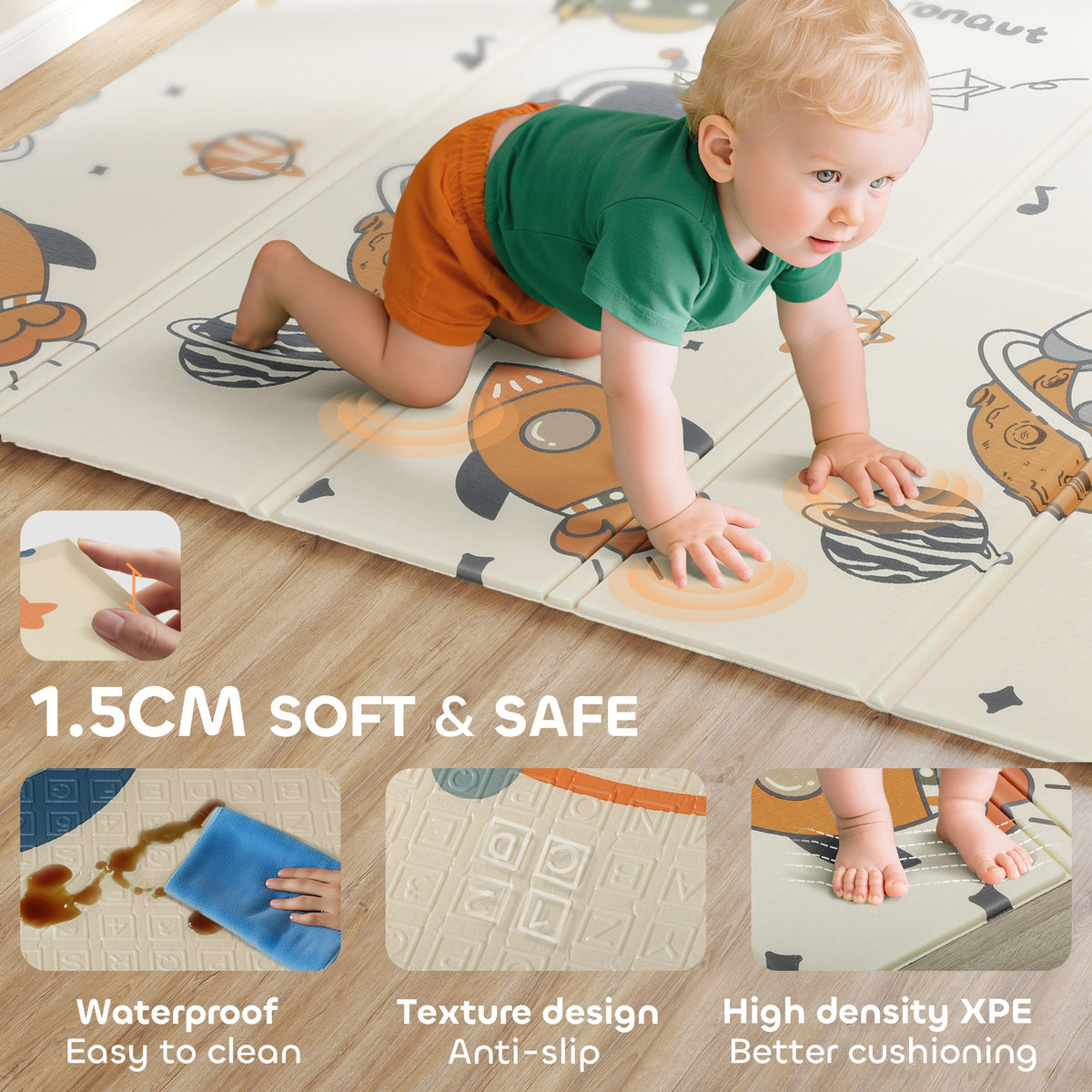Foldable Baby Plat Mat, 77" x 69" Kids Floor Mat for Crawling and Learning, Astronaut & Planet Theme-Toys & Games > Baby & Toddler Toys > Kids Gym & Playmats-DECOROLALA
