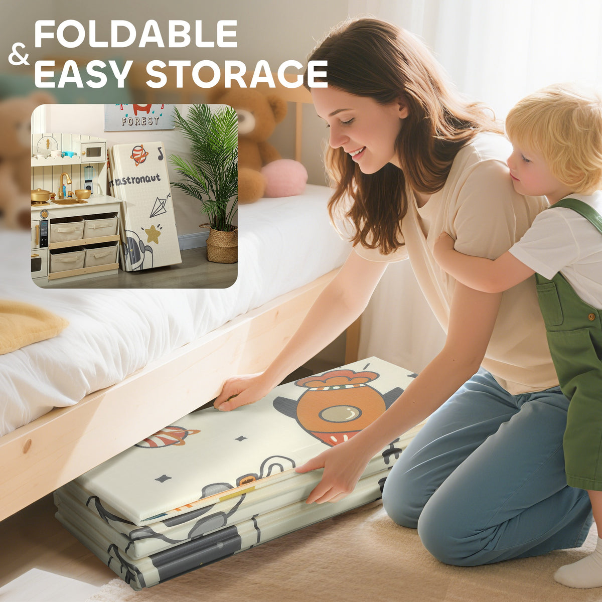 Foldable Baby Plat Mat, 77" x 69" Kids Floor Mat for Crawling and Learning, Astronaut & Planet Theme-Toys & Games > Baby & Toddler Toys > Kids Gym & Playmats-DECOROLALA