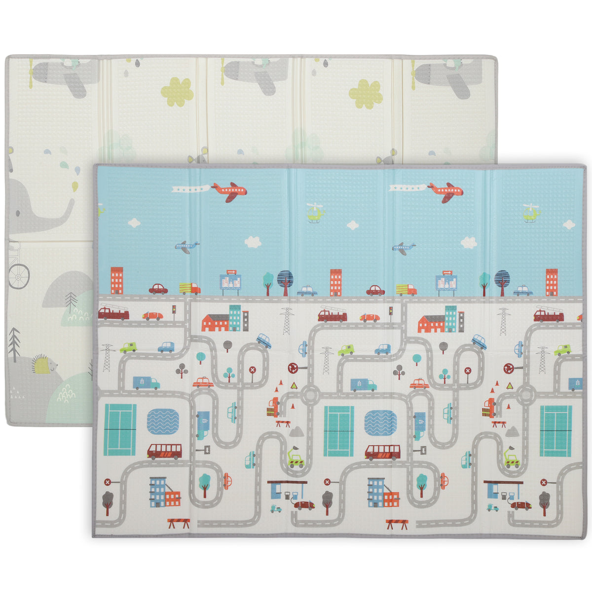 Foldable Baby Plat Mat, 79" x 59" Kids Floor Mat for Crawling and Learning, Track & Elephant Theme-Toys & Games > Baby & Toddler Toys > Kids Gym & Playmats-DECOROLALA