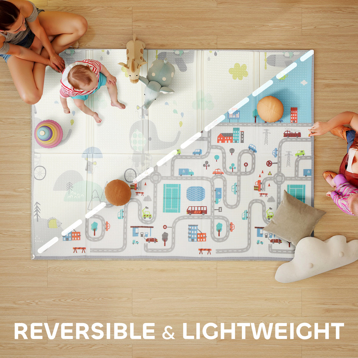 Foldable Baby Plat Mat, 79" x 59" Kids Floor Mat for Crawling and Learning, Track & Elephant Theme-Toys & Games > Baby & Toddler Toys > Kids Gym & Playmats-DECOROLALA