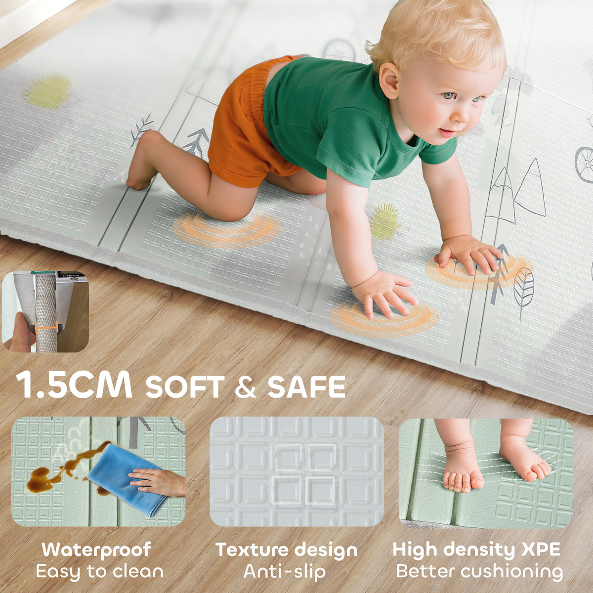 Foldable Baby Plat Mat, 79" x 59" Kids Floor Mat for Crawling and Learning, Track & Elephant Theme-Toys & Games > Baby & Toddler Toys > Kids Gym & Playmats-DECOROLALA