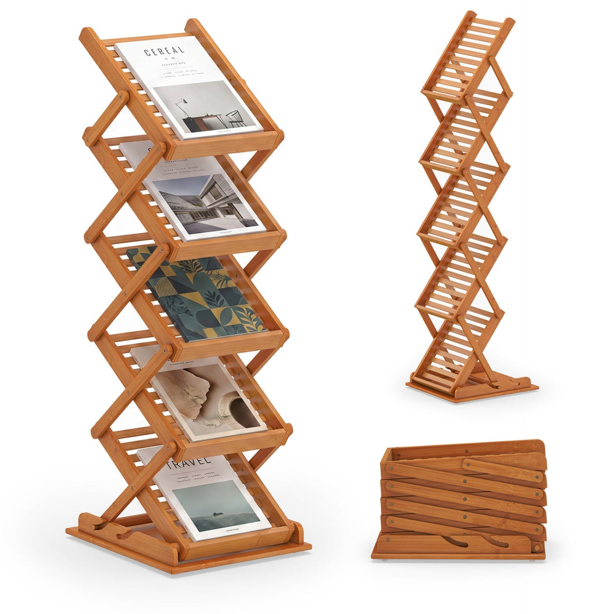 Foldable Bamboo Magazine Rack with 2 Adjustable Positions-Walnut-Bookcases-DECOROLALA