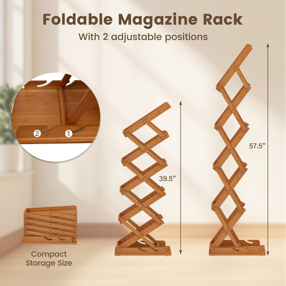 Foldable Bamboo Magazine Rack with 2 Adjustable Positions-Walnut-Bookcases-DECOROLALA