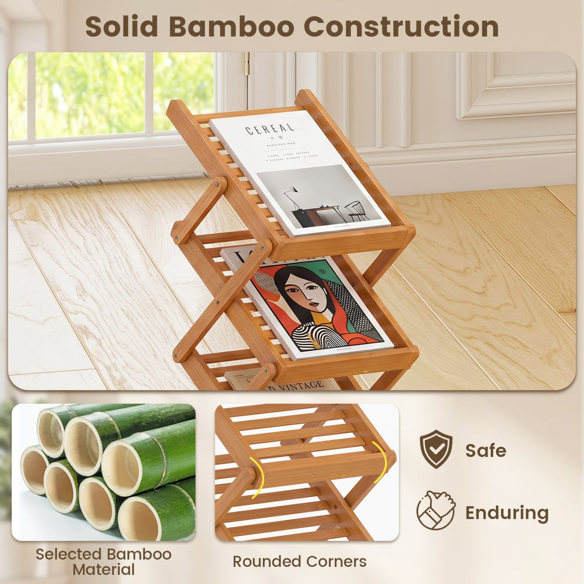 Foldable Bamboo Magazine Rack with 2 Adjustable Positions-Walnut-Bookcases-DECOROLALA