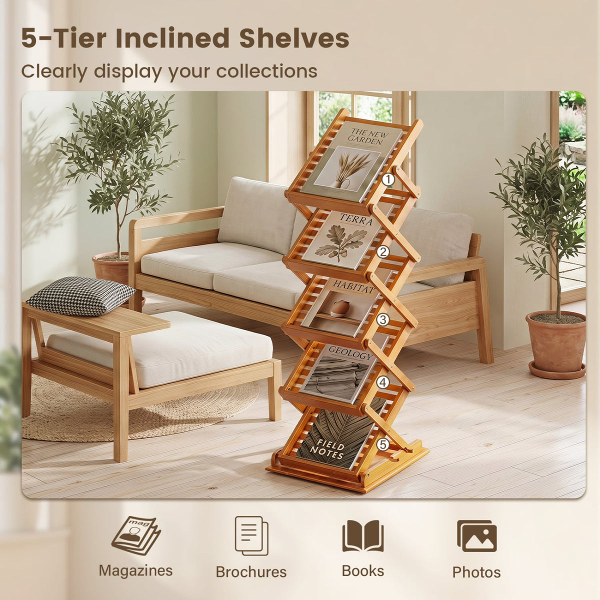 Foldable Bamboo Magazine Rack with 2 Adjustable Positions-Walnut-Bookcases-DECOROLALA