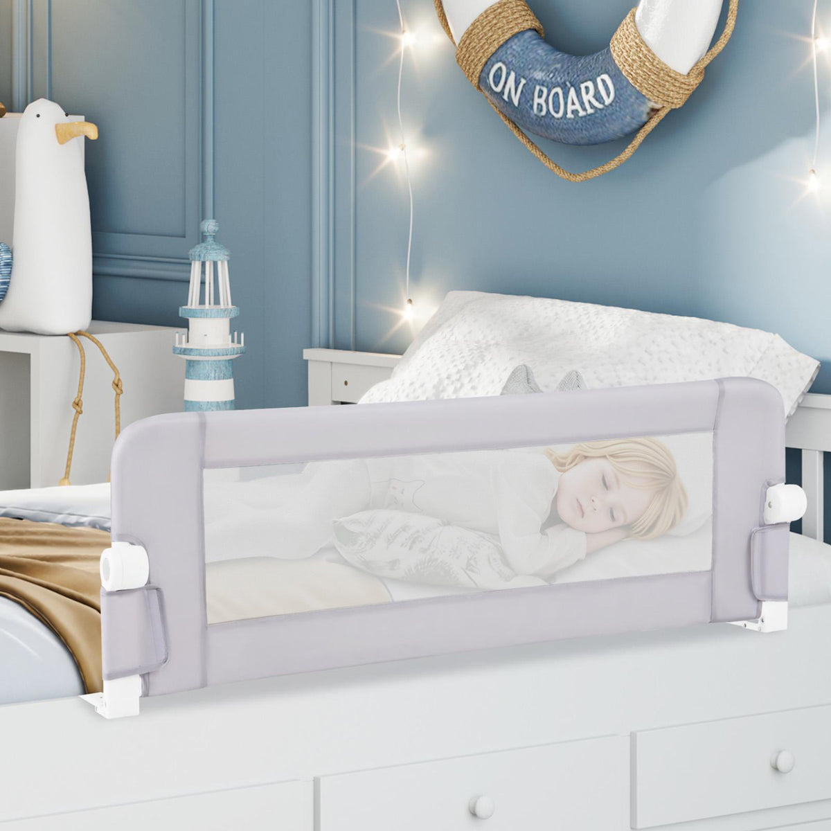 Foldable Bed Rail Swing Down Baby Bed Guard Rail-Light Gray-Bed Rails-DECOROLALA
