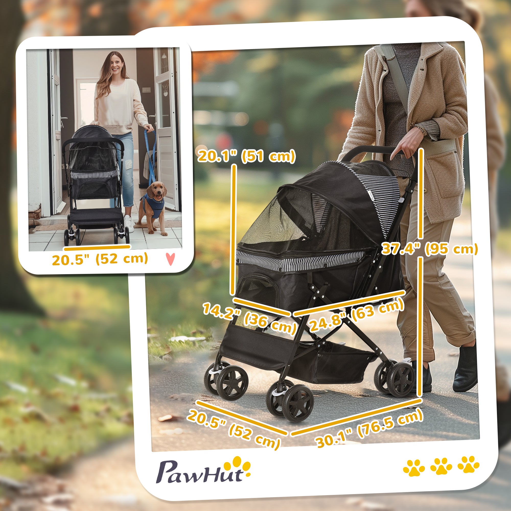 Foldable Cat Dog Travel Carriage, 4 Wheels Pet Stroller with EVA Wheel Brake, 3-stage Canopy, Mesh Window Door, Black-Dogs-DECOROLALA