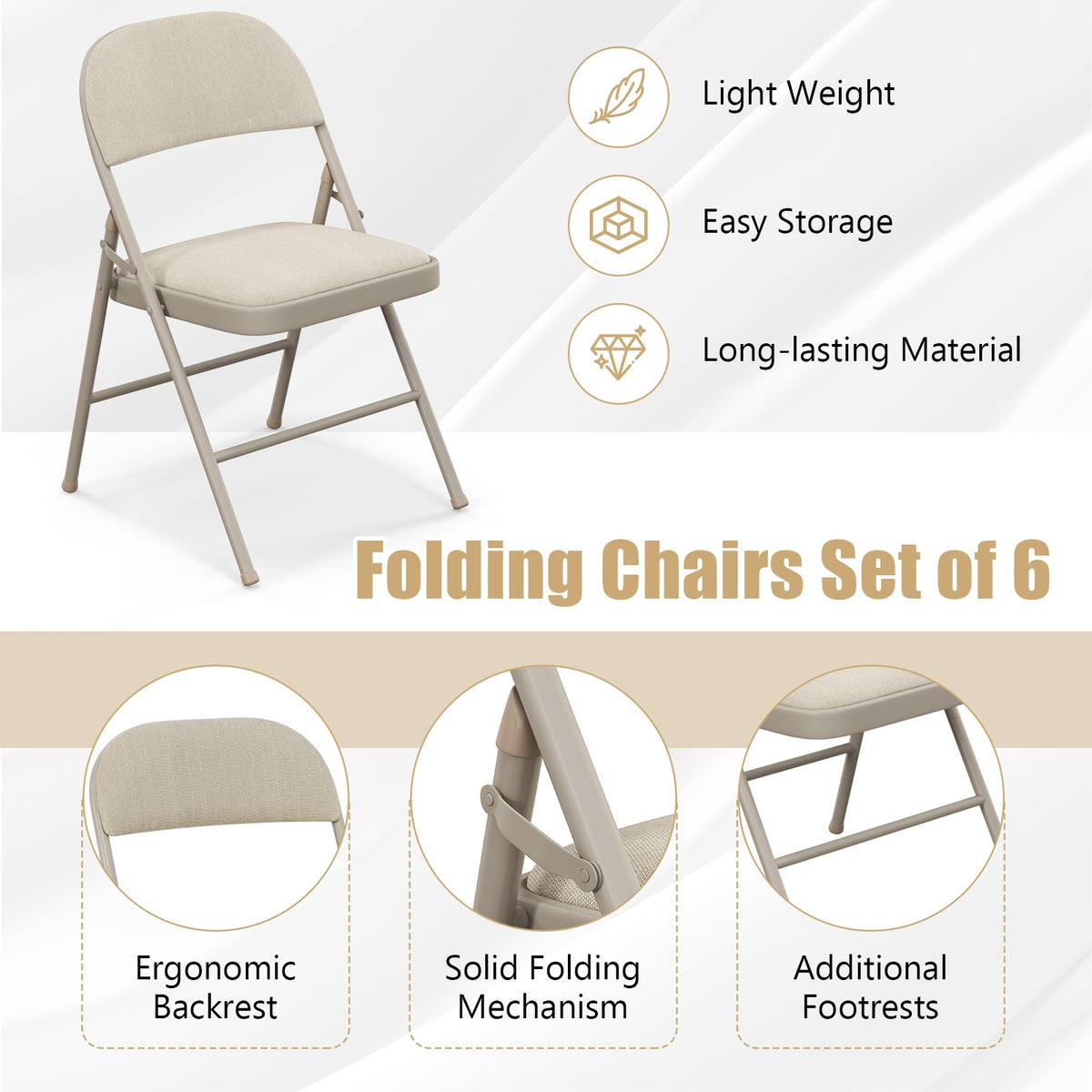 Foldable Chair Set of 6 with Padded Seat Seat and Fabric Covered Backrest-Set of 6-Chairs-DECOROLALA