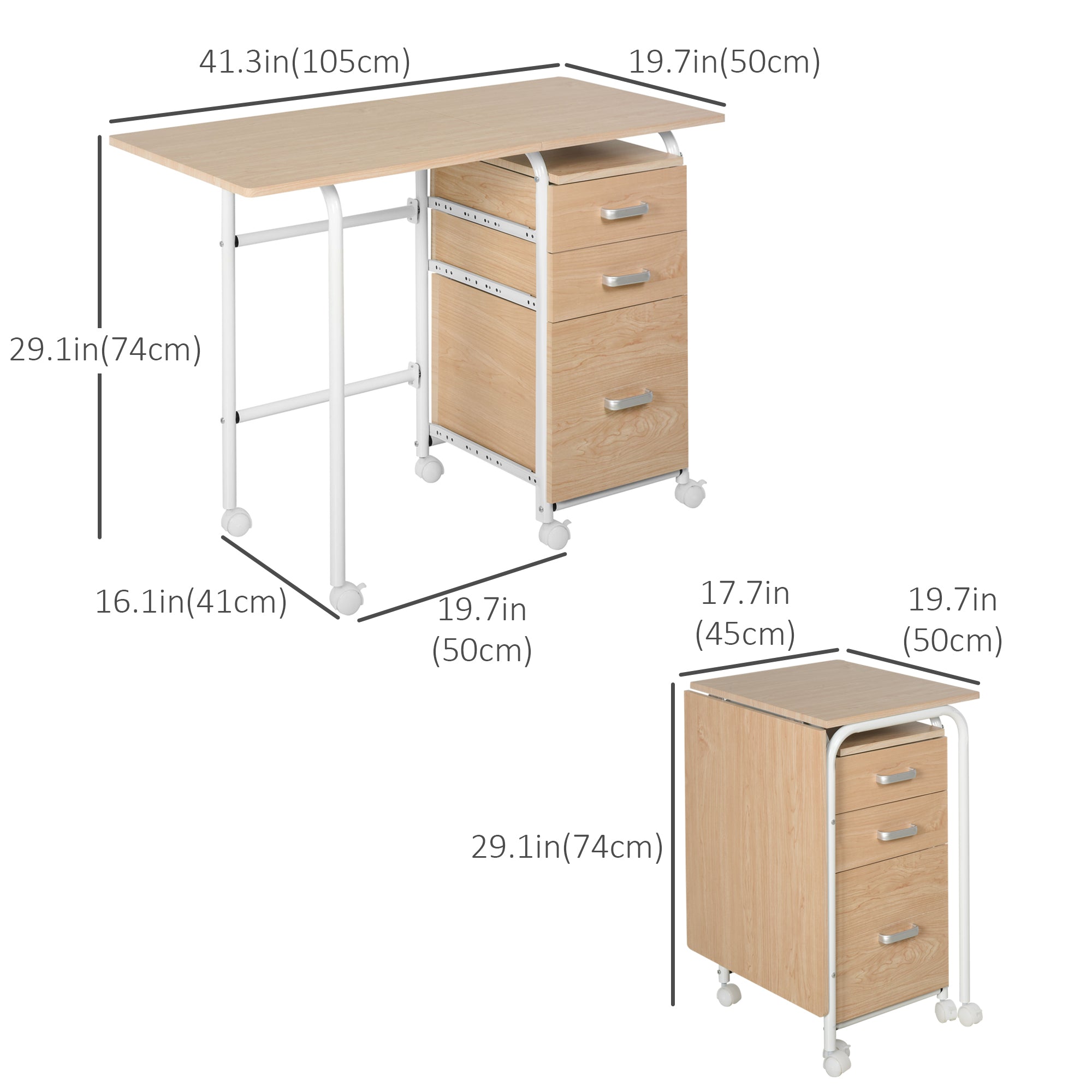 Foldable Computer Desk with 3 Drawers - Natural Wood-Office Products > Office Furniture > Office Desks & Work Stations > Writing Desks-DECOROLALA
