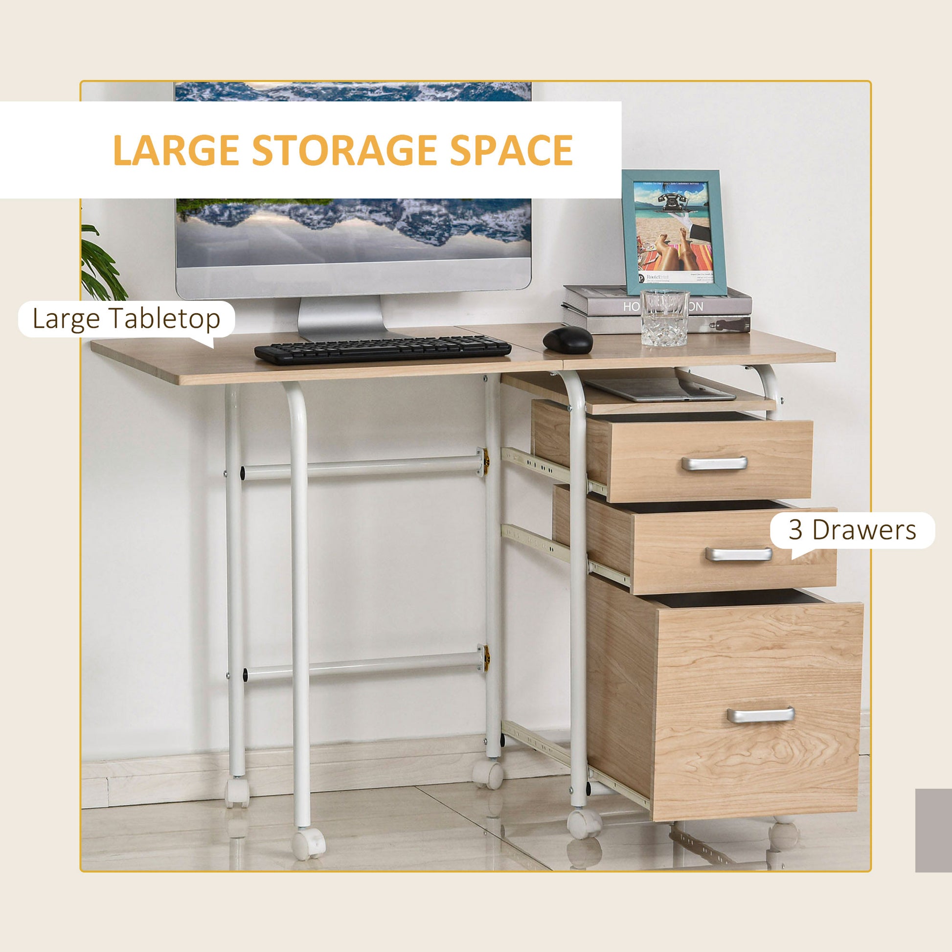Foldable Computer Desk with 3 Drawers - Natural Wood-Office Products > Office Furniture > Office Desks & Work Stations > Writing Desks-DECOROLALA