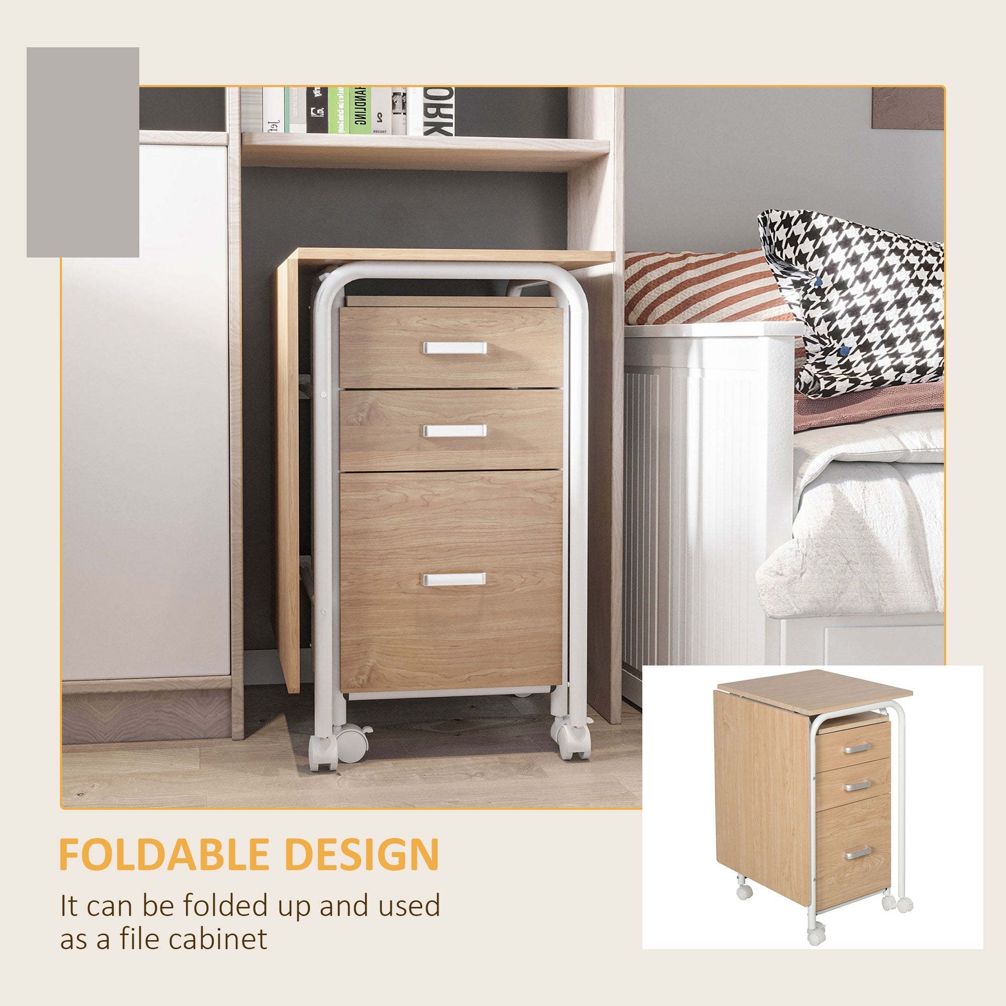 Foldable Computer Desk with 3 Drawers - Natural Wood-Office Products > Office Furniture > Office Desks & Work Stations > Writing Desks-DECOROLALA