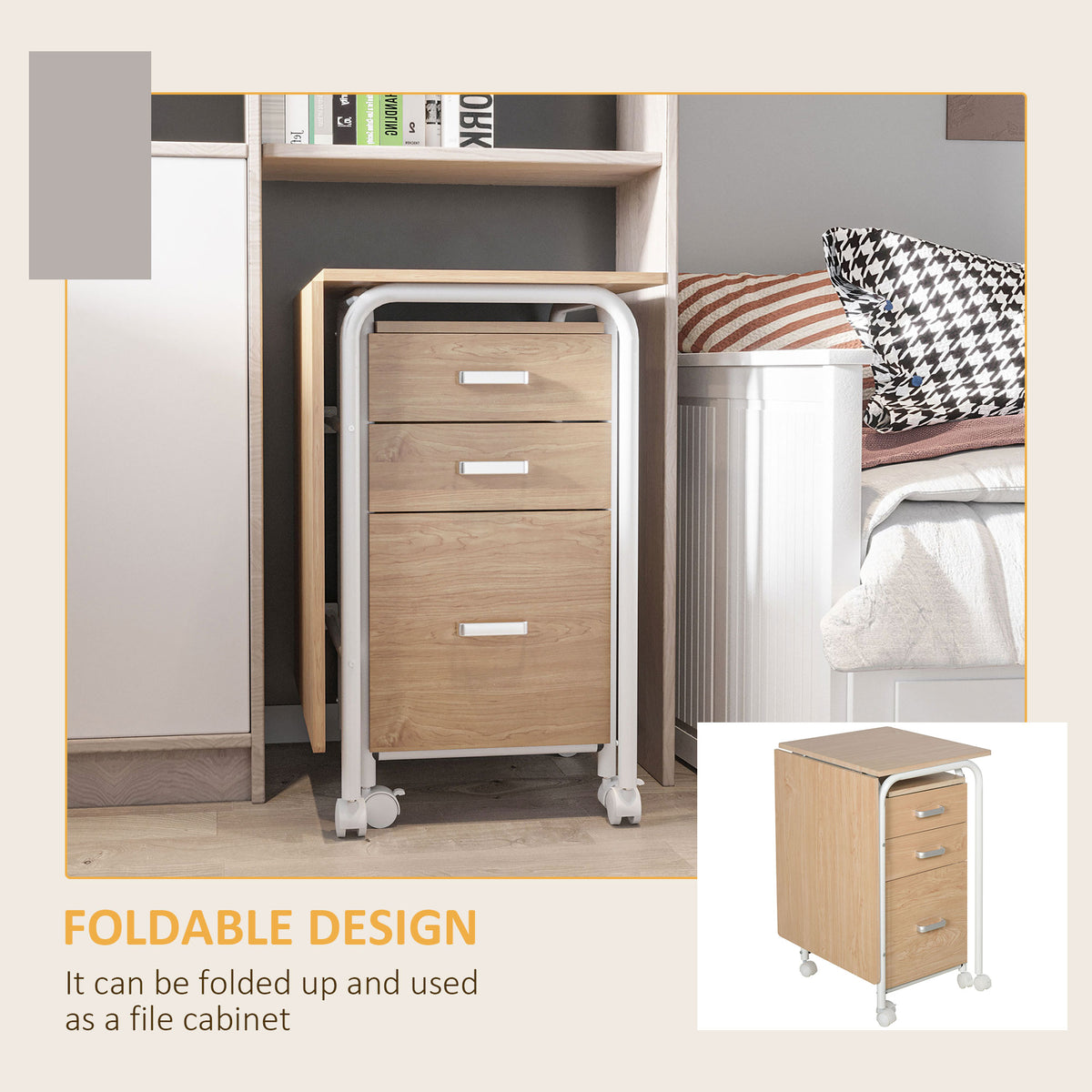 Foldable Computer Desk with 3 Drawers - Natural Wood-Office Products > Office Furniture > Office Desks & Work Stations > Writing Desks-DECOROLALA