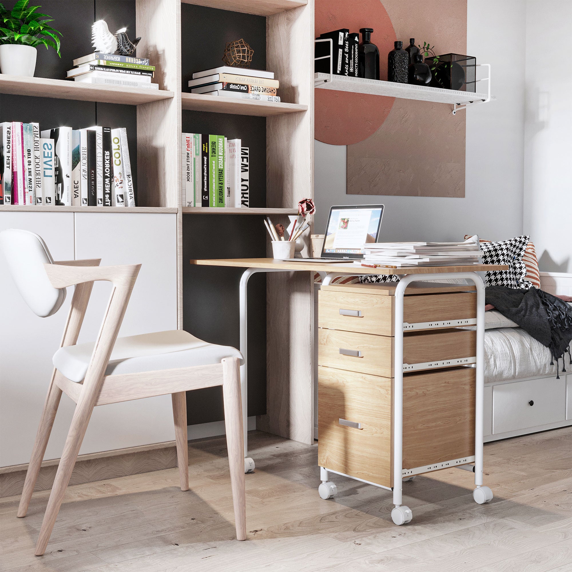 Foldable Computer Desk with 3 Drawers - Natural Wood-Office Products > Office Furniture > Office Desks & Work Stations > Writing Desks-DECOROLALA