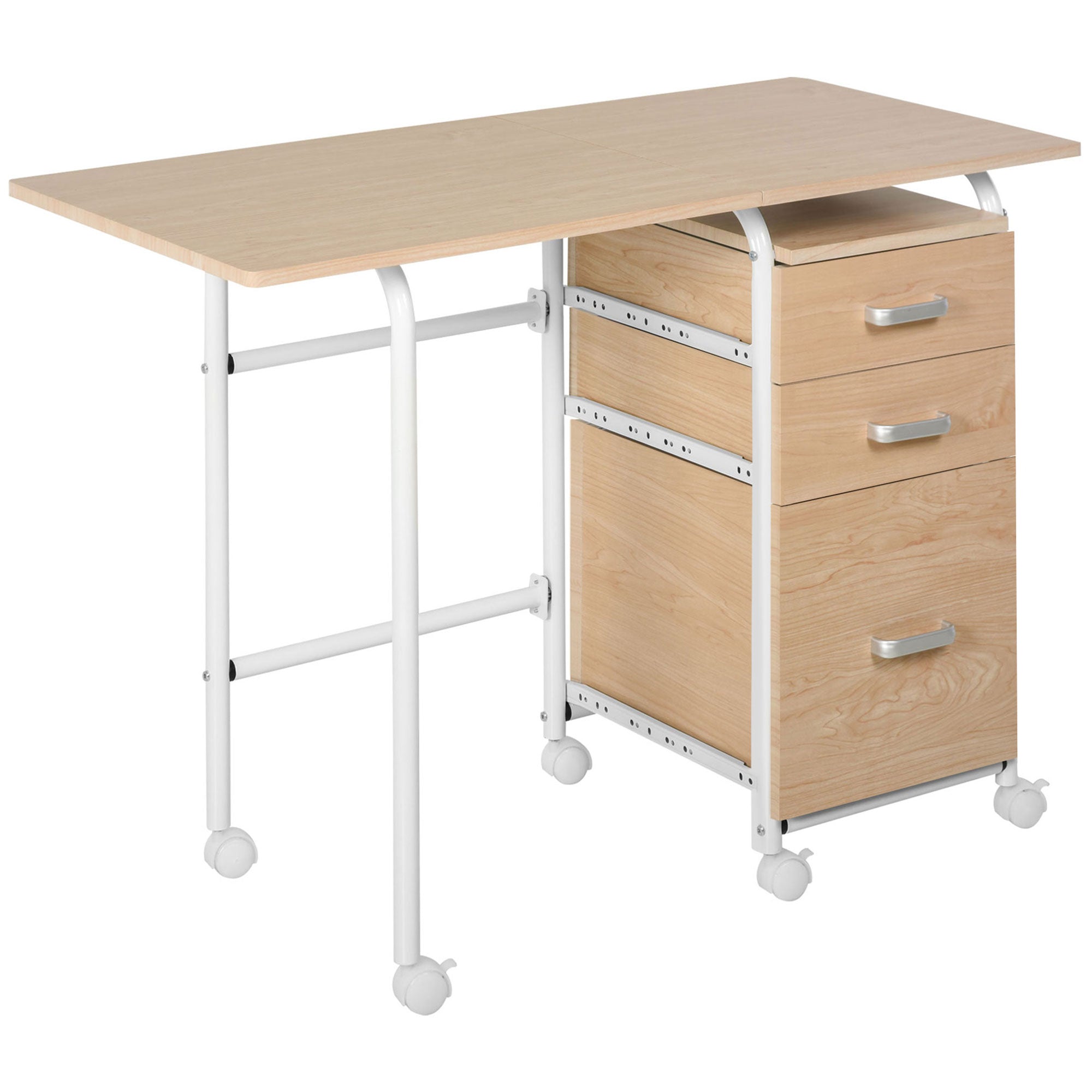 Foldable Computer Desk with 3 Drawers - Natural Wood-Office Products > Office Furniture > Office Desks & Work Stations > Writing Desks-DECOROLALA