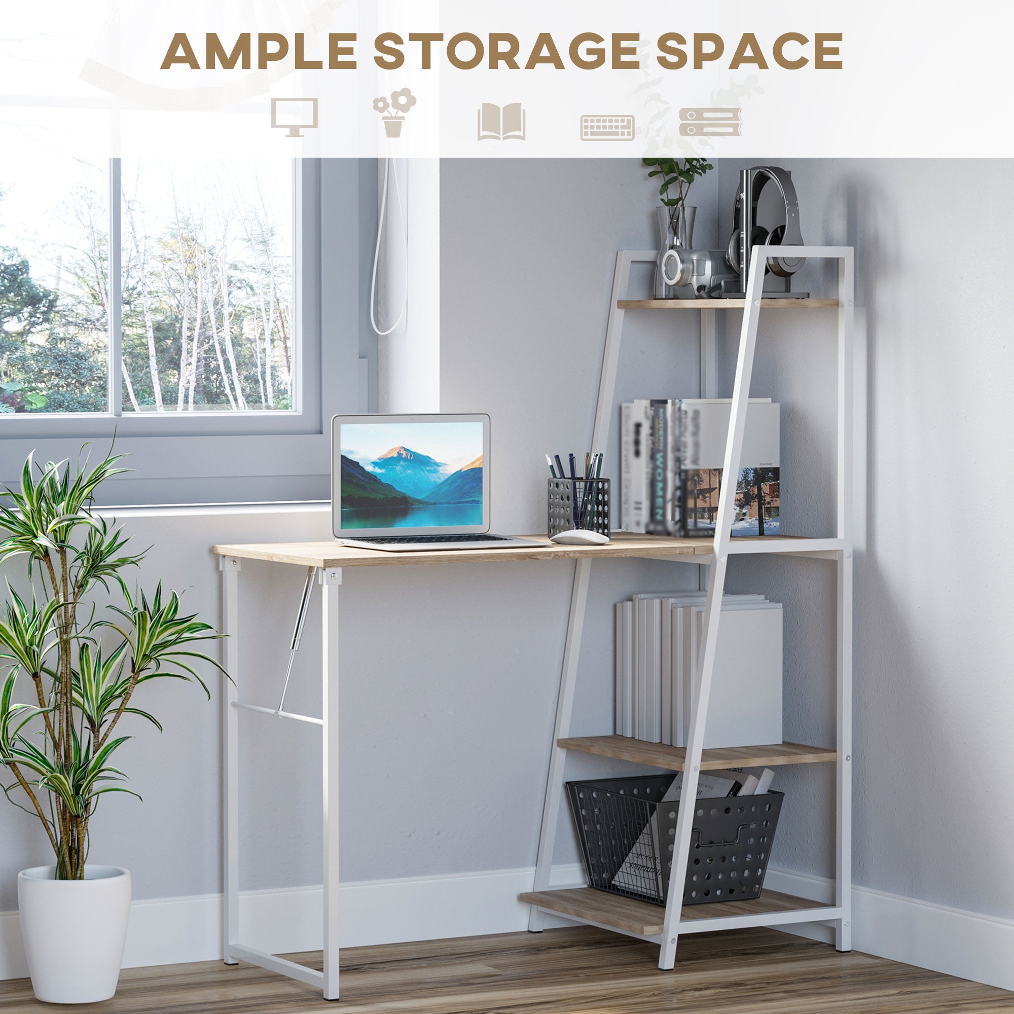 Foldable Computer Desk with 4-Tier Storage Shelves - White-Office Products > Office Furniture > Office Desks & Work Stations > Writing Desks-DECOROLALA