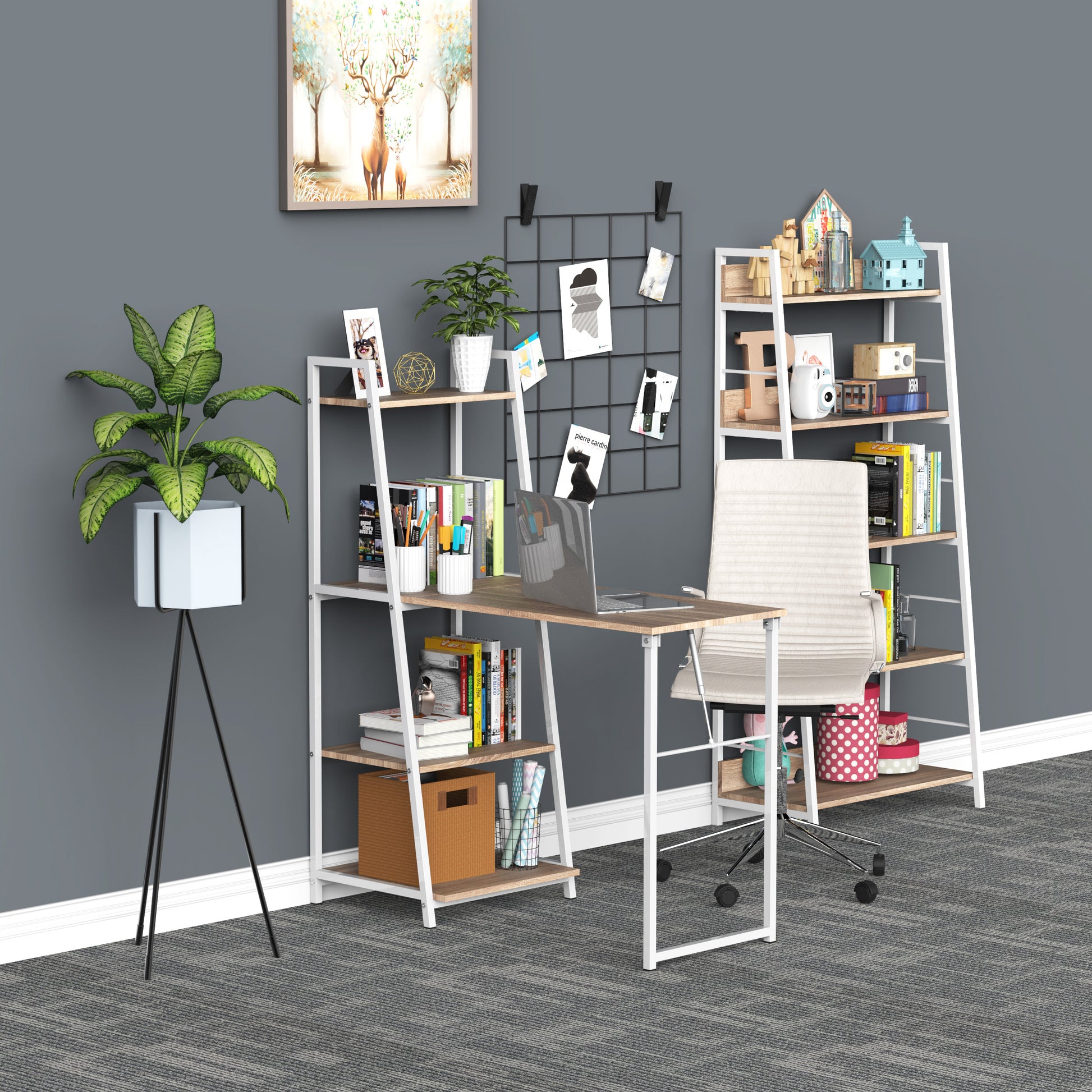 Foldable Computer Desk with 4-Tier Storage Shelves - White-Office Products > Office Furniture > Office Desks & Work Stations > Writing Desks-DECOROLALA