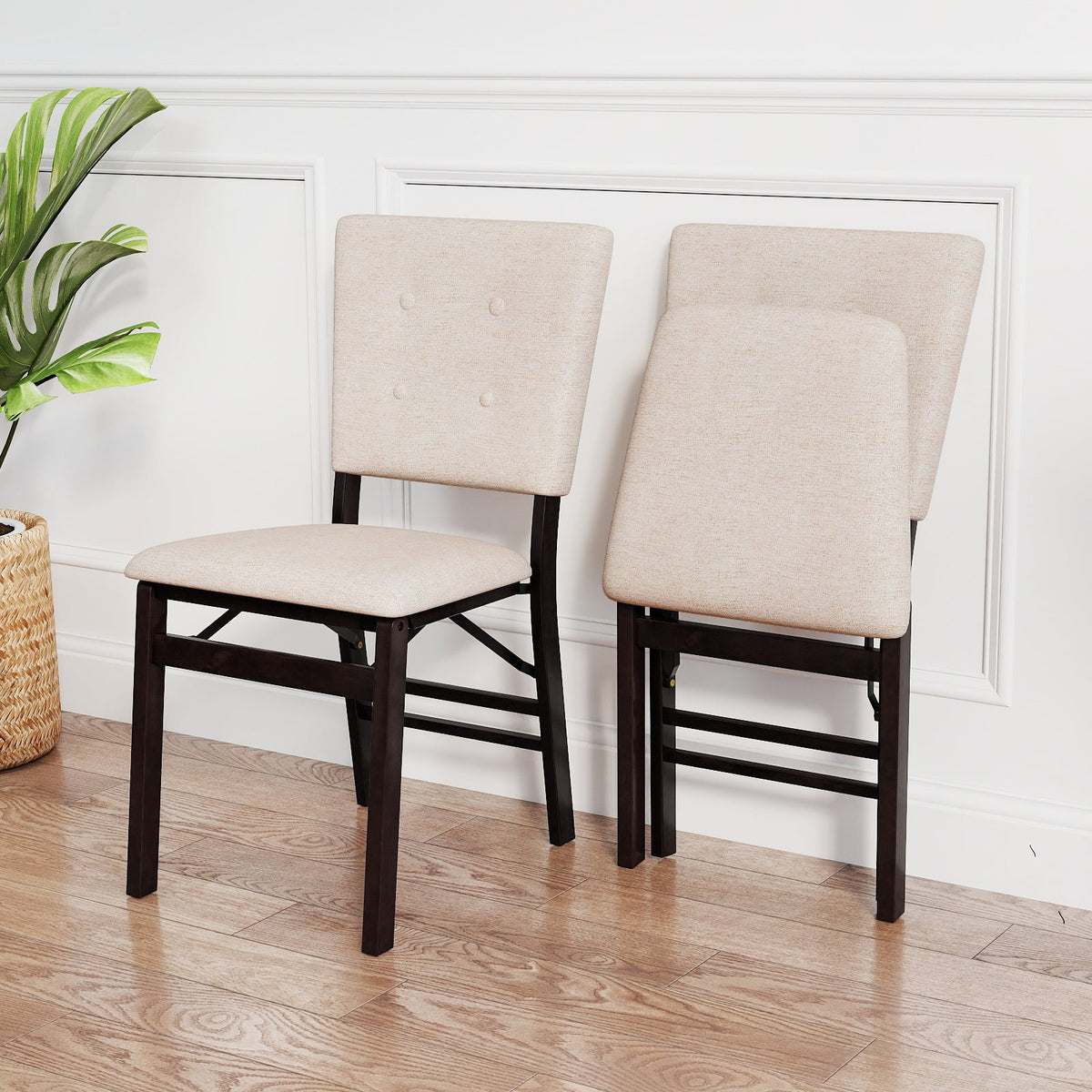 Foldable Dining Chair Set of 2 Armless Kitchen Chair with Padded Seat and Tilt Backrest-Beige-Dining Chairs-DECOROLALA