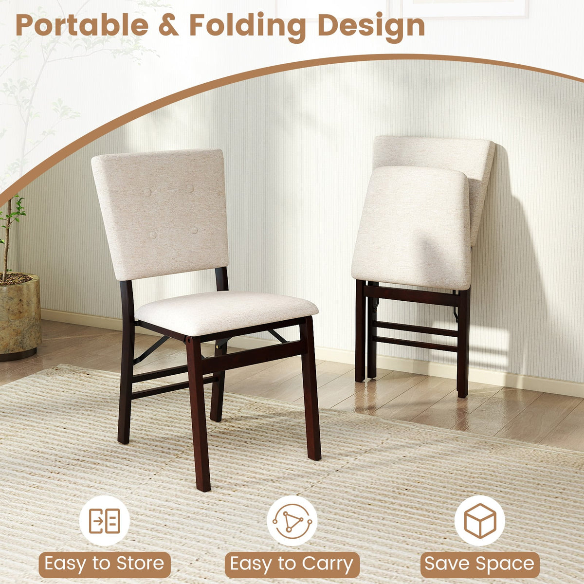 Foldable Dining Chair Set of 2 Armless Kitchen Chair with Padded Seat and Tilt Backrest-Beige-Dining Chairs-DECOROLALA