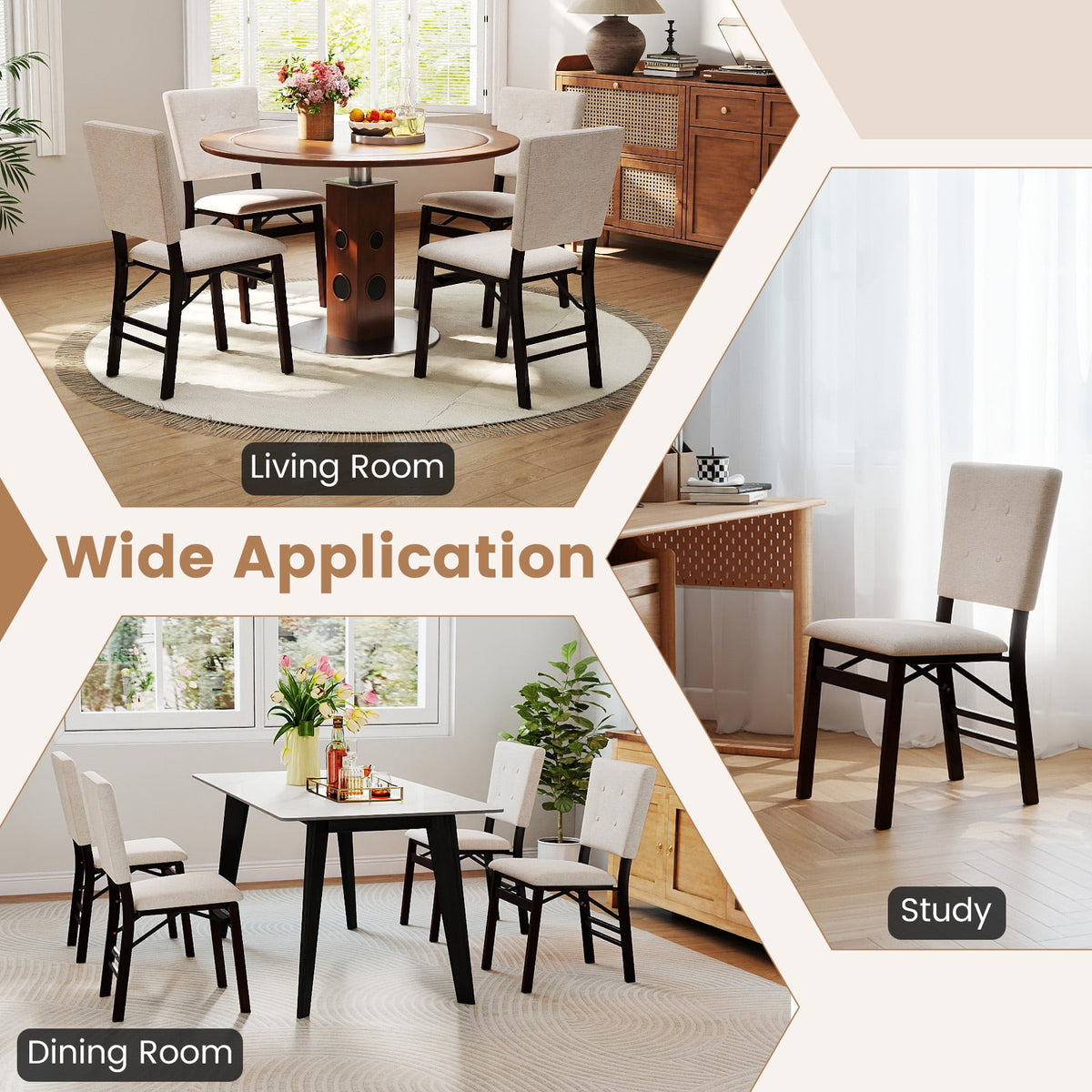Foldable Dining Chair Set of 2 Armless Kitchen Chair with Padded Seat and Tilt Backrest-Beige-Dining Chairs-DECOROLALA