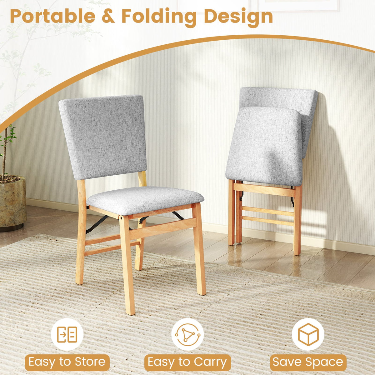 Foldable Dining Chair Set of 2 Armless Kitchen Chair with Padded Seat and Tilt Backrest-Gray-Dining Chairs-DECOROLALA