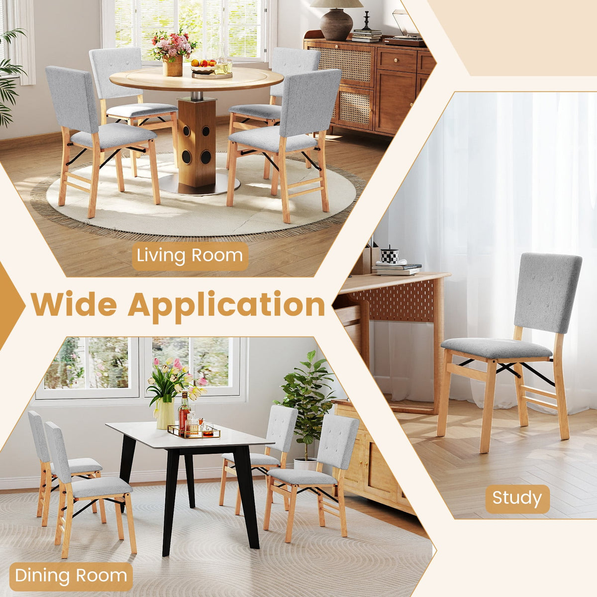 Foldable Dining Chair Set of 2 Armless Kitchen Chair with Padded Seat and Tilt Backrest-Gray-Dining Chairs-DECOROLALA