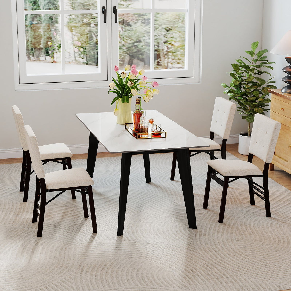 Foldable Dining Chair Set of 4 Armless Kitchen Chair with Padded Seat and Tilt Backrest-Beige-Dining Chairs-DECOROLALA