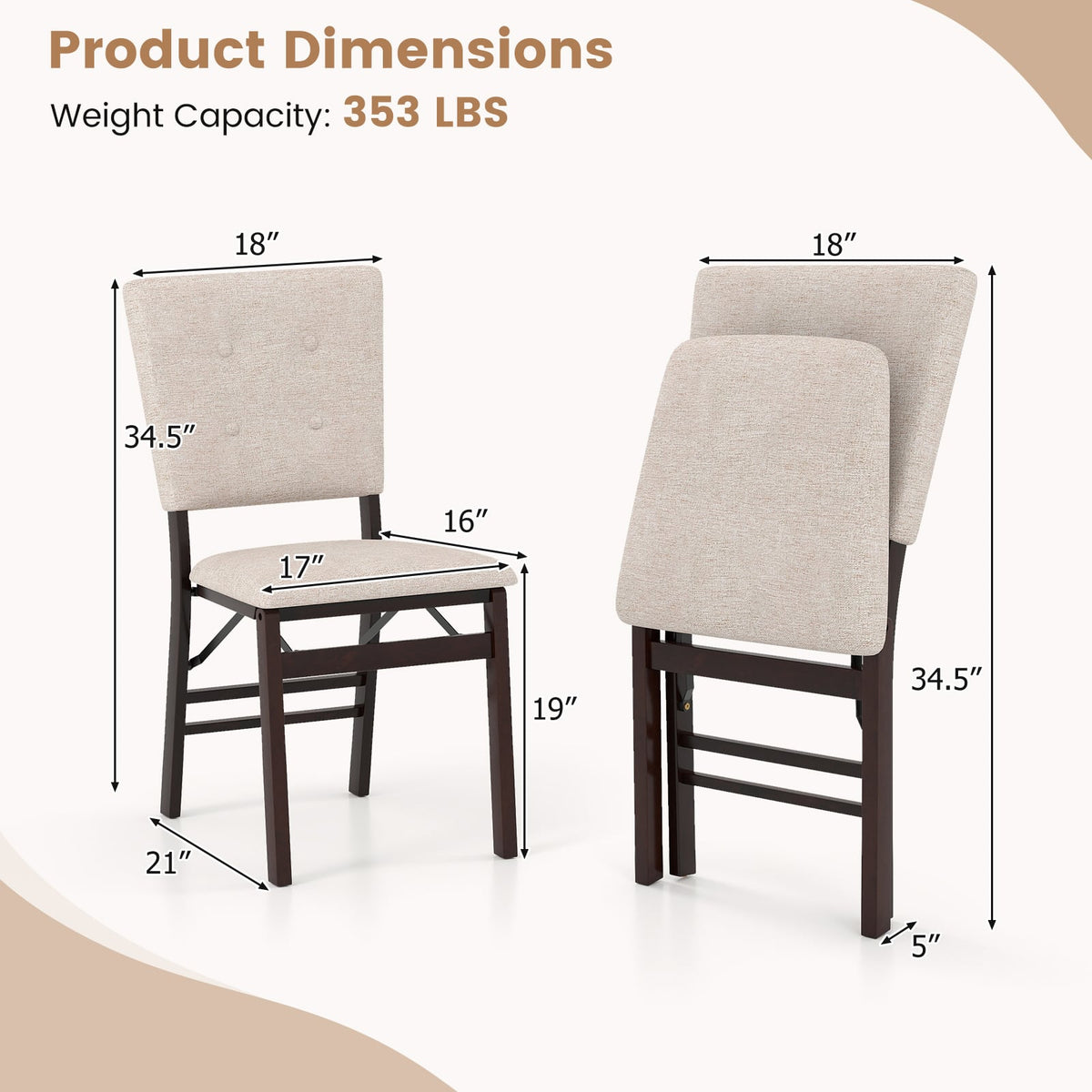 Foldable Dining Chair Set of 4 Armless Kitchen Chair with Padded Seat and Tilt Backrest-Beige-Dining Chairs-DECOROLALA