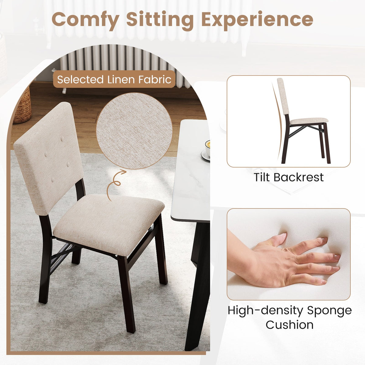Foldable Dining Chair Set of 4 Armless Kitchen Chair with Padded Seat and Tilt Backrest-Beige-Dining Chairs-DECOROLALA