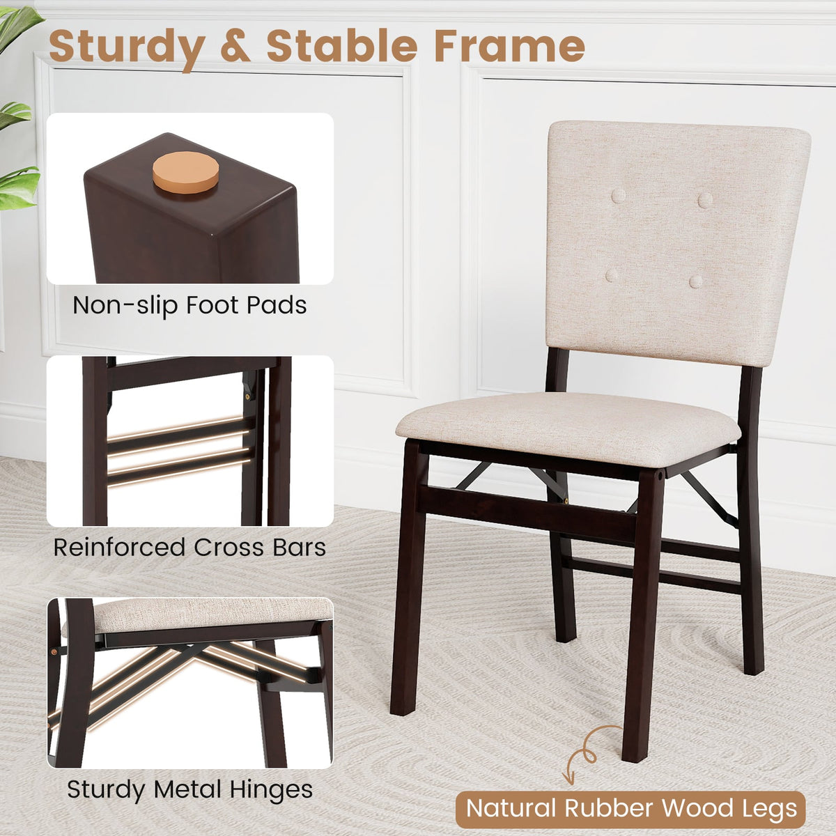 Foldable Dining Chair Set of 4 Armless Kitchen Chair with Padded Seat and Tilt Backrest-Beige-Dining Chairs-DECOROLALA