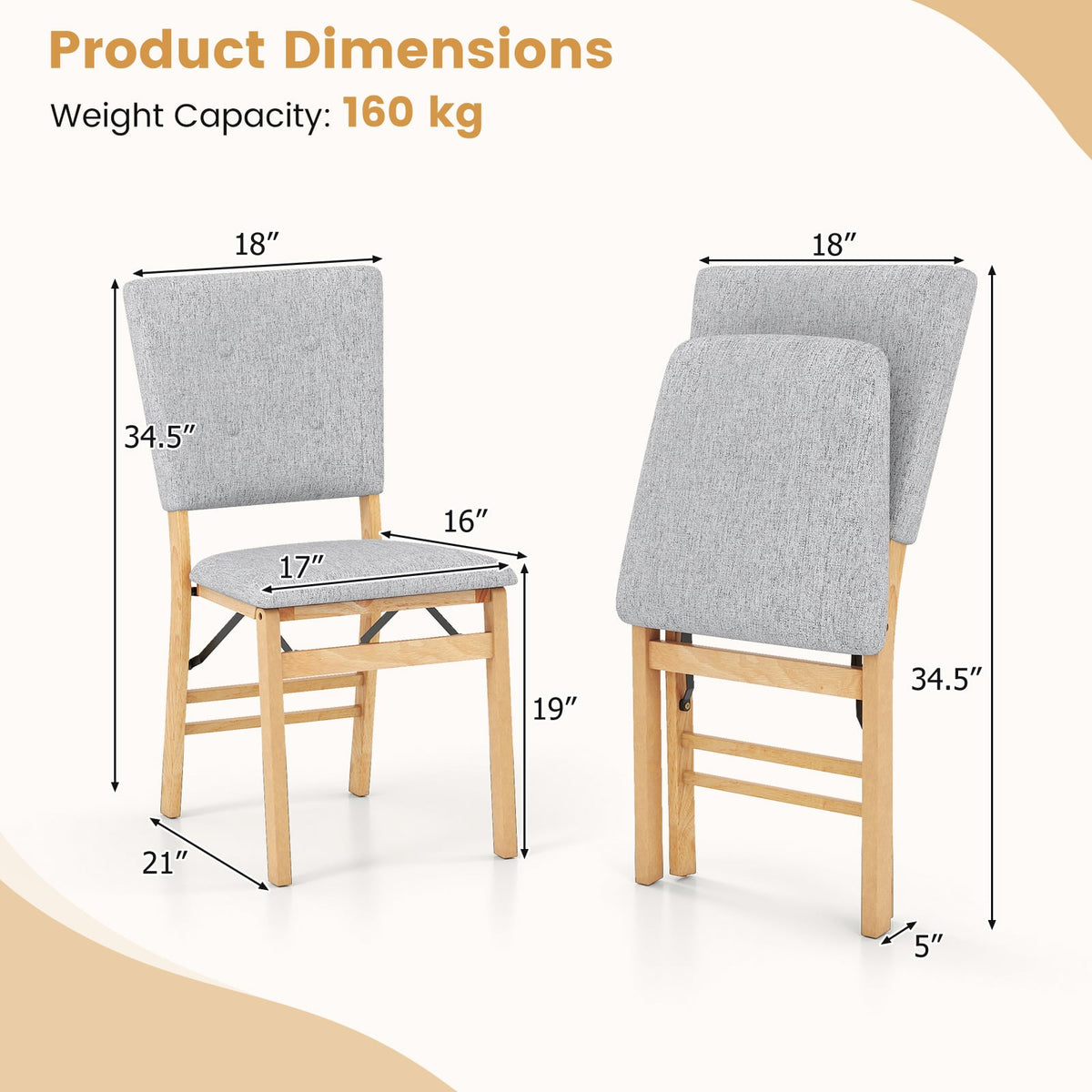 Foldable Dining Chair Set of 4 Armless Kitchen Chair with Padded Seat and Tilt Backrest-Gray-Dining Chairs-DECOROLALA