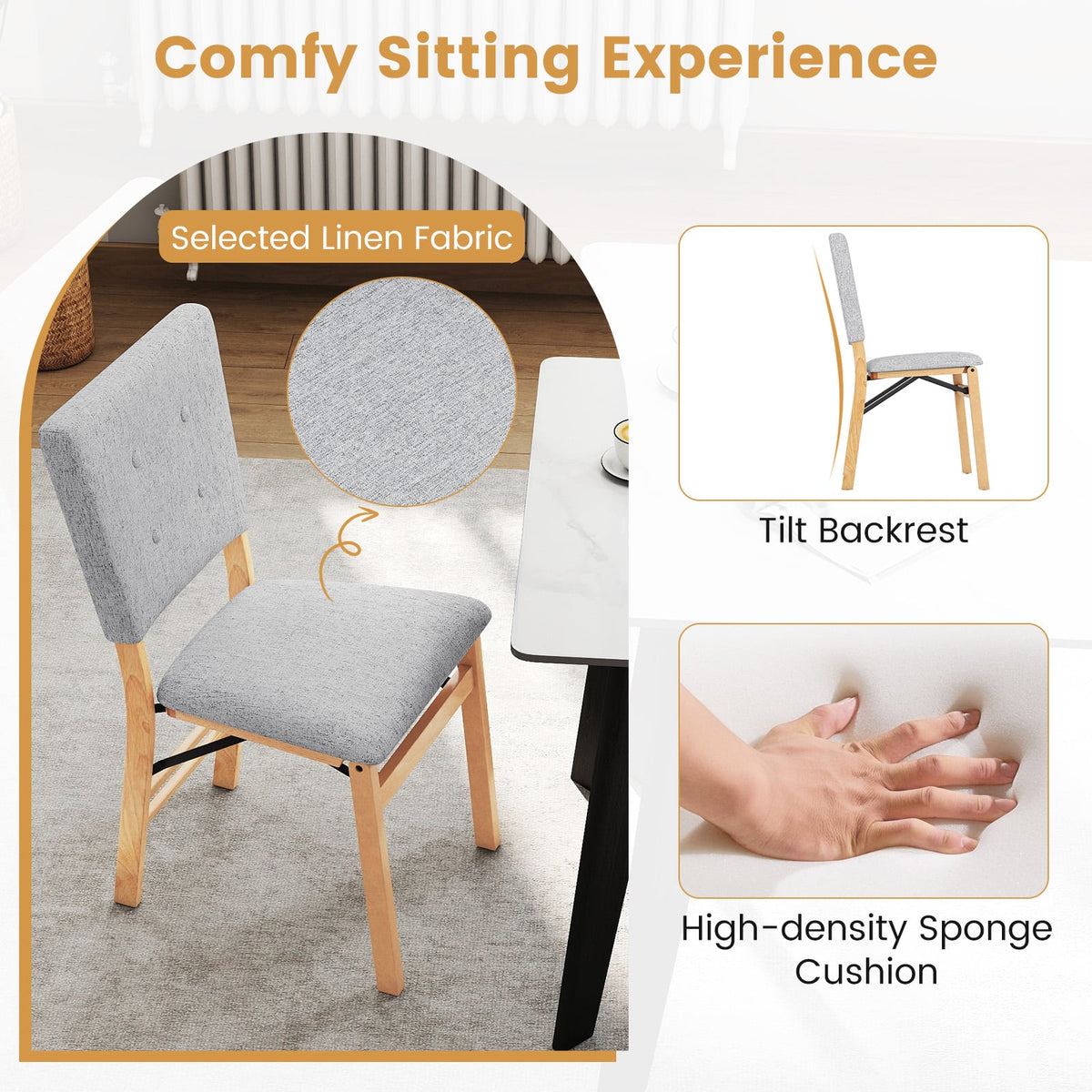 Foldable Dining Chair Set of 4 Armless Kitchen Chair with Padded Seat and Tilt Backrest-Gray-Dining Chairs-DECOROLALA